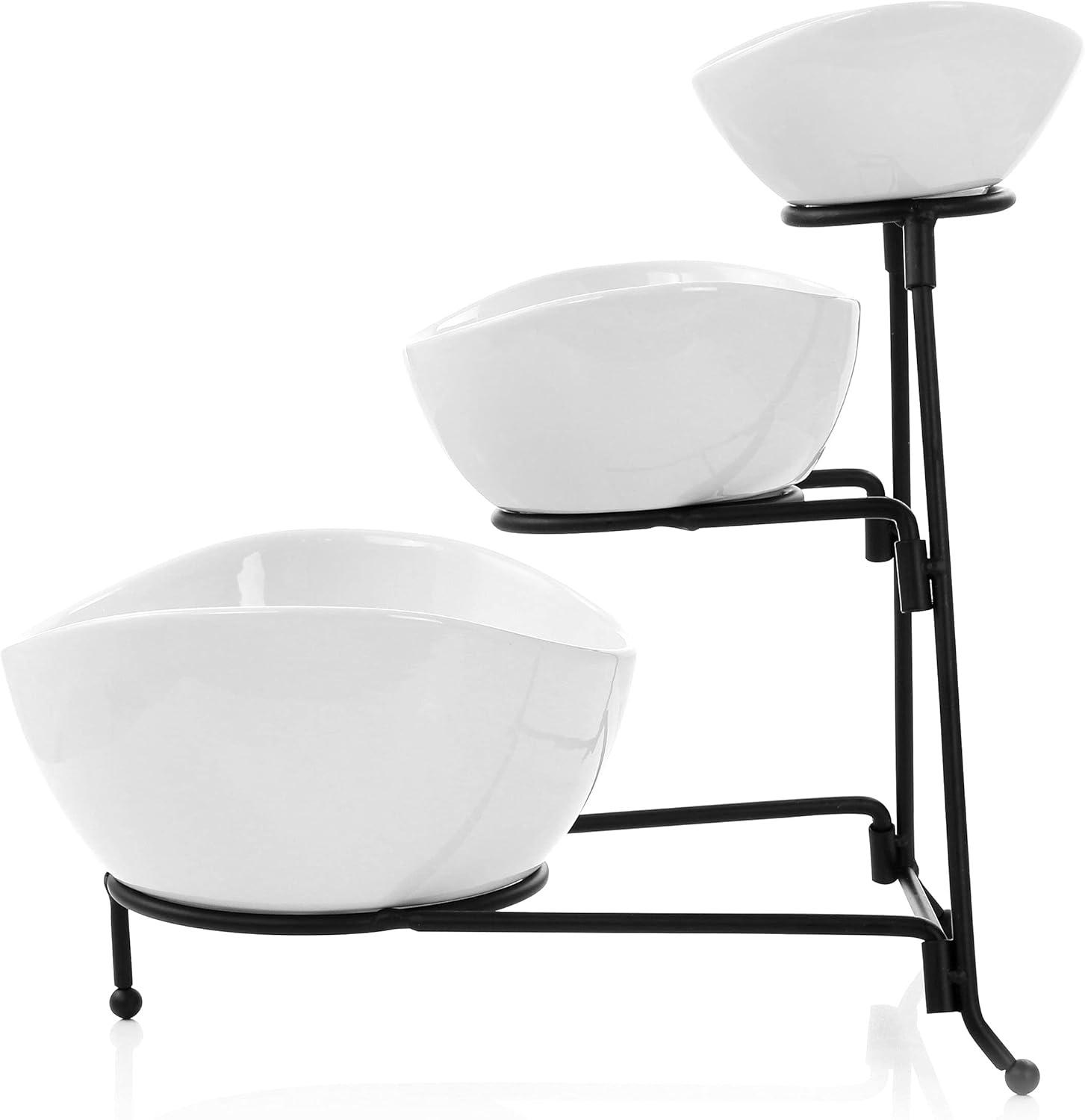 White Ceramic 3-Tier Oval Serving Bowl Set with Metal Stand