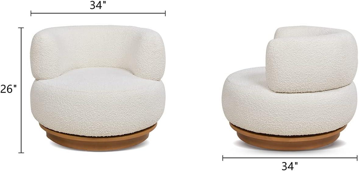 Ivory White Boucle Swivel Barrel Accent Chair with Wood Base