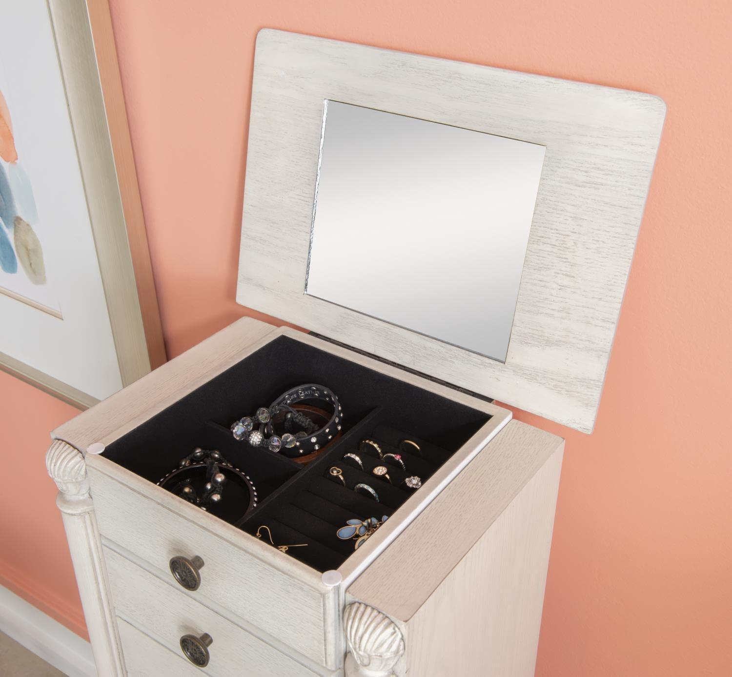 Off-White Distressed Finish Cottage Jewelry Armoire with Mirror