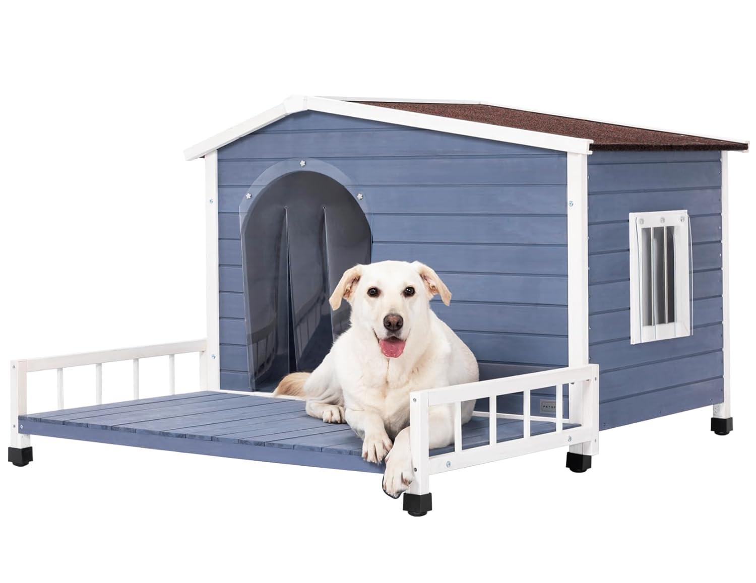 Petsfit Large Dog House with Terrace & Openable Asphalt Roof, 45" L x 54" W x33 H, XL Dog House Outdoor with Elevated Floor, Window & Door Flap, Outdoor Dog House for Large Dogs