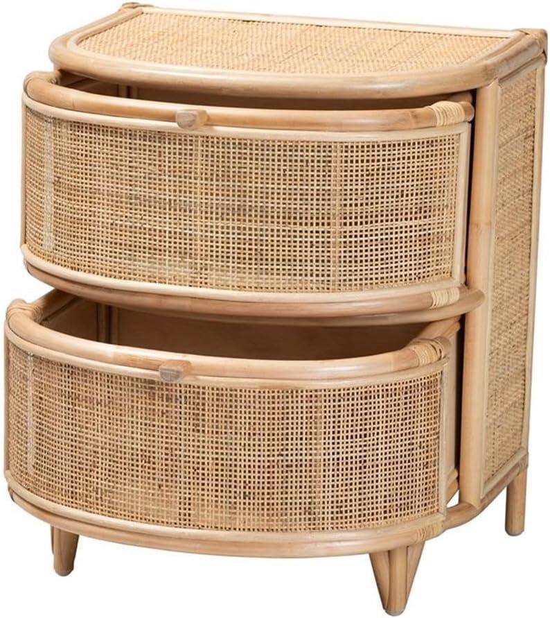 Natural Brown Rattan 2-Drawer Curved Nightstand