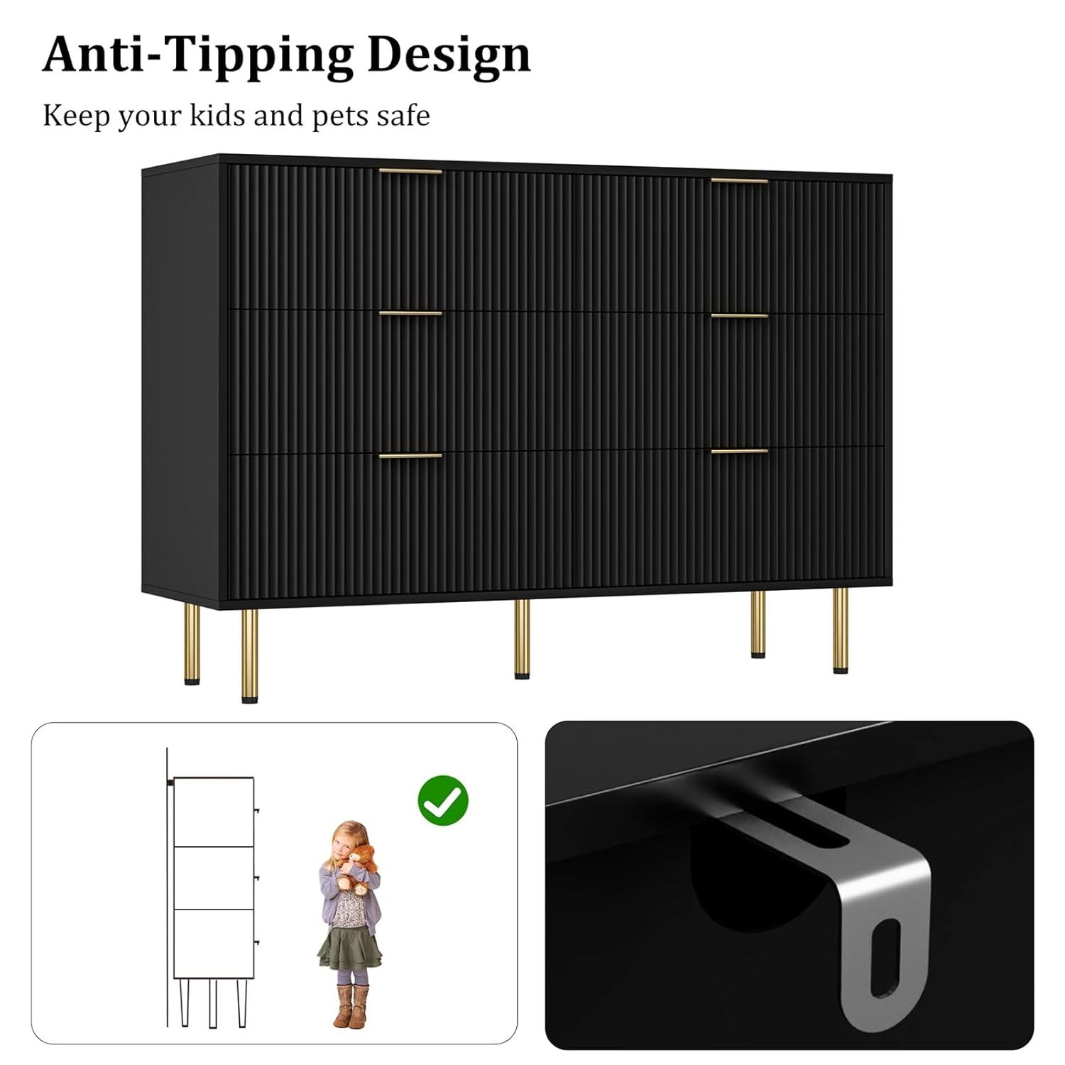 Garvee Fluted Wood Dresser 6 Drawers Dresser for Bedroom, Large Modern Chest of Drawers, Black Dresser with Gold Handle,for Living Room, Hallway