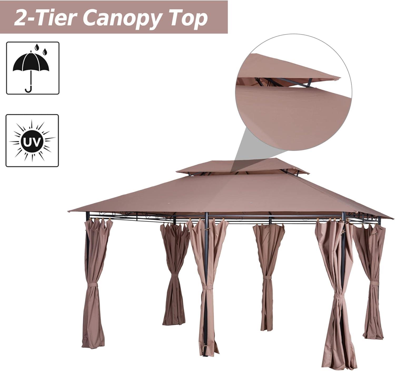 Khaki Steel Frame Outdoor Gazebo with Curtains