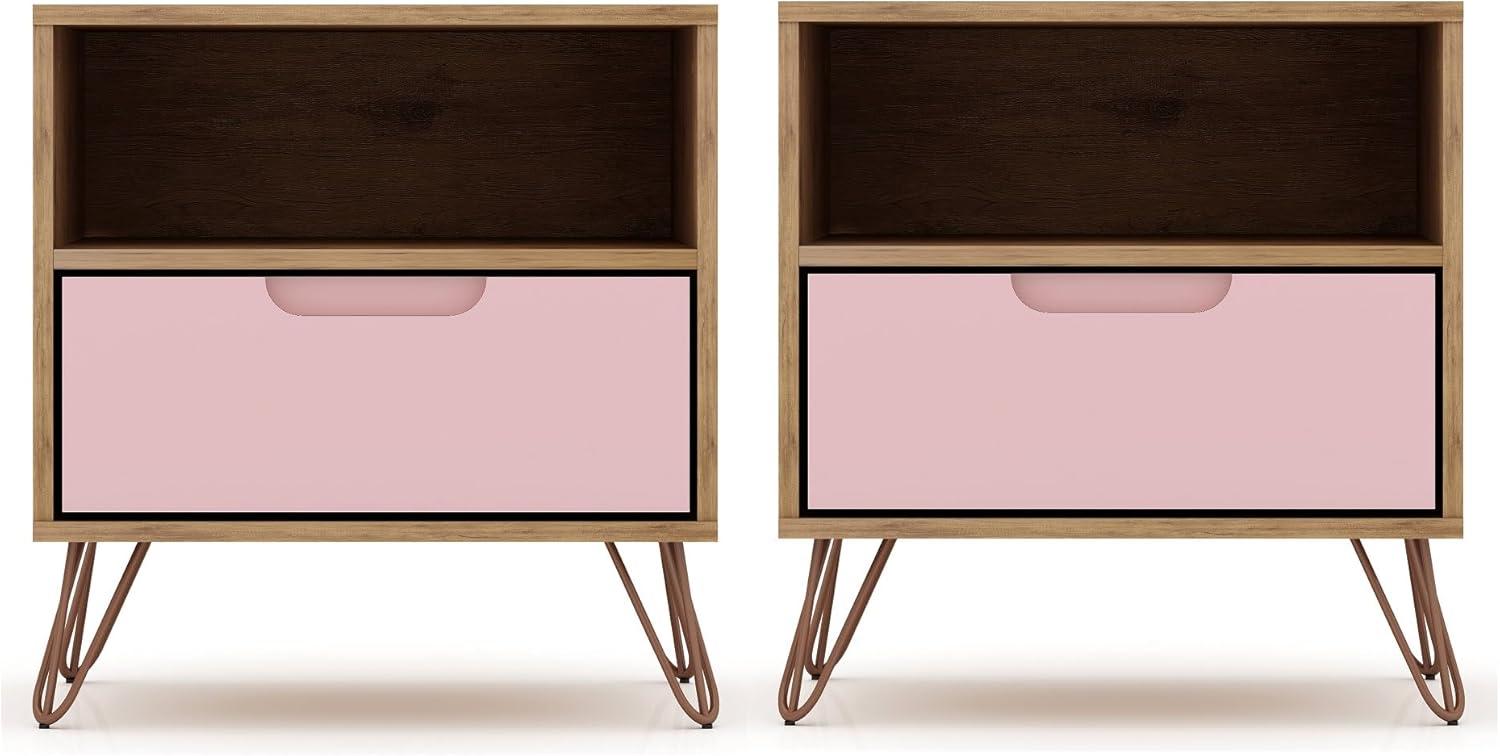 Mid-Century Rose Pink & Natural Nightstand with Metal Legs