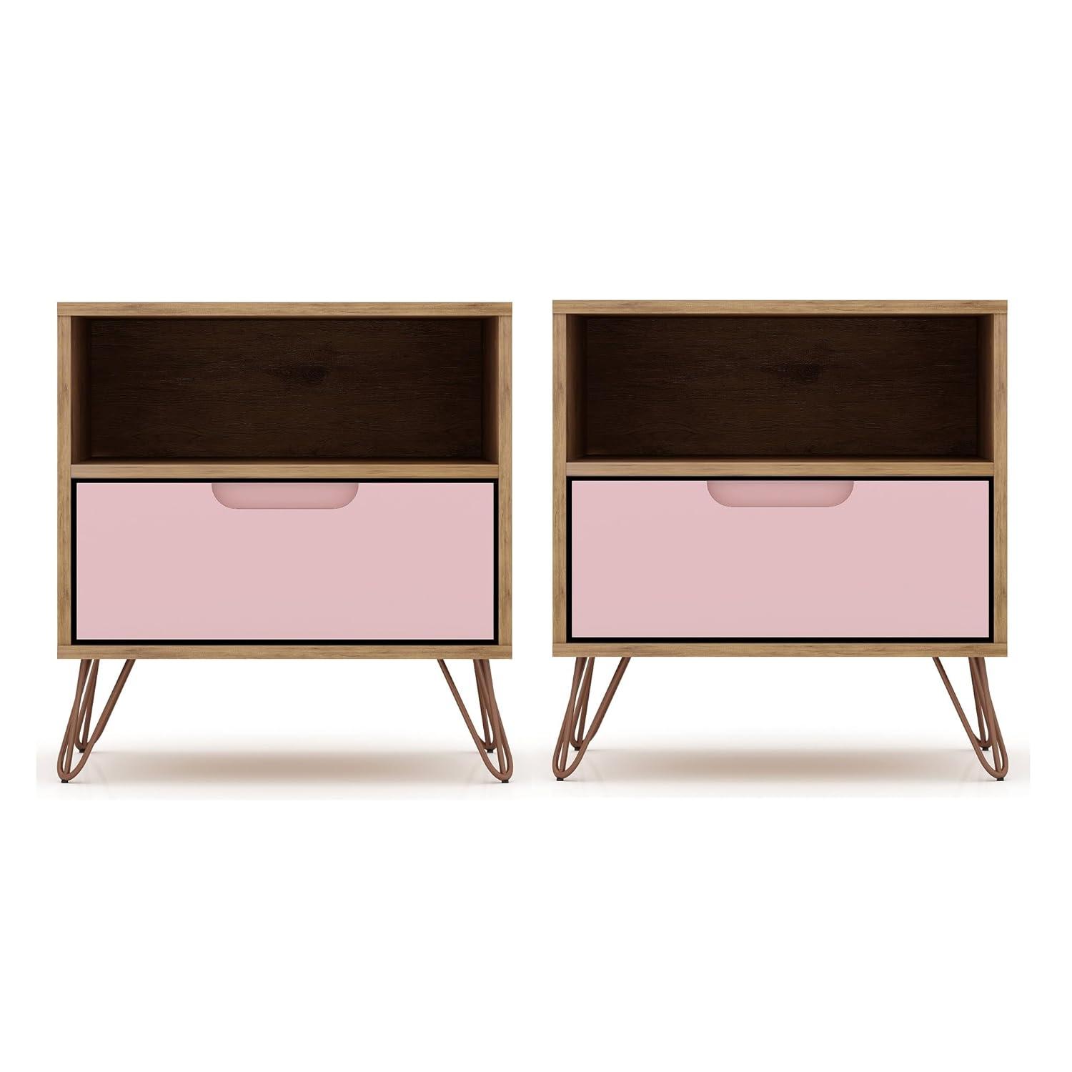 Set of 2 Rockefeller 1 Drawer Nightstands Nature/Rose Pink - Manhattan Comfort: Mid-century Design, Metal Legs, MDF