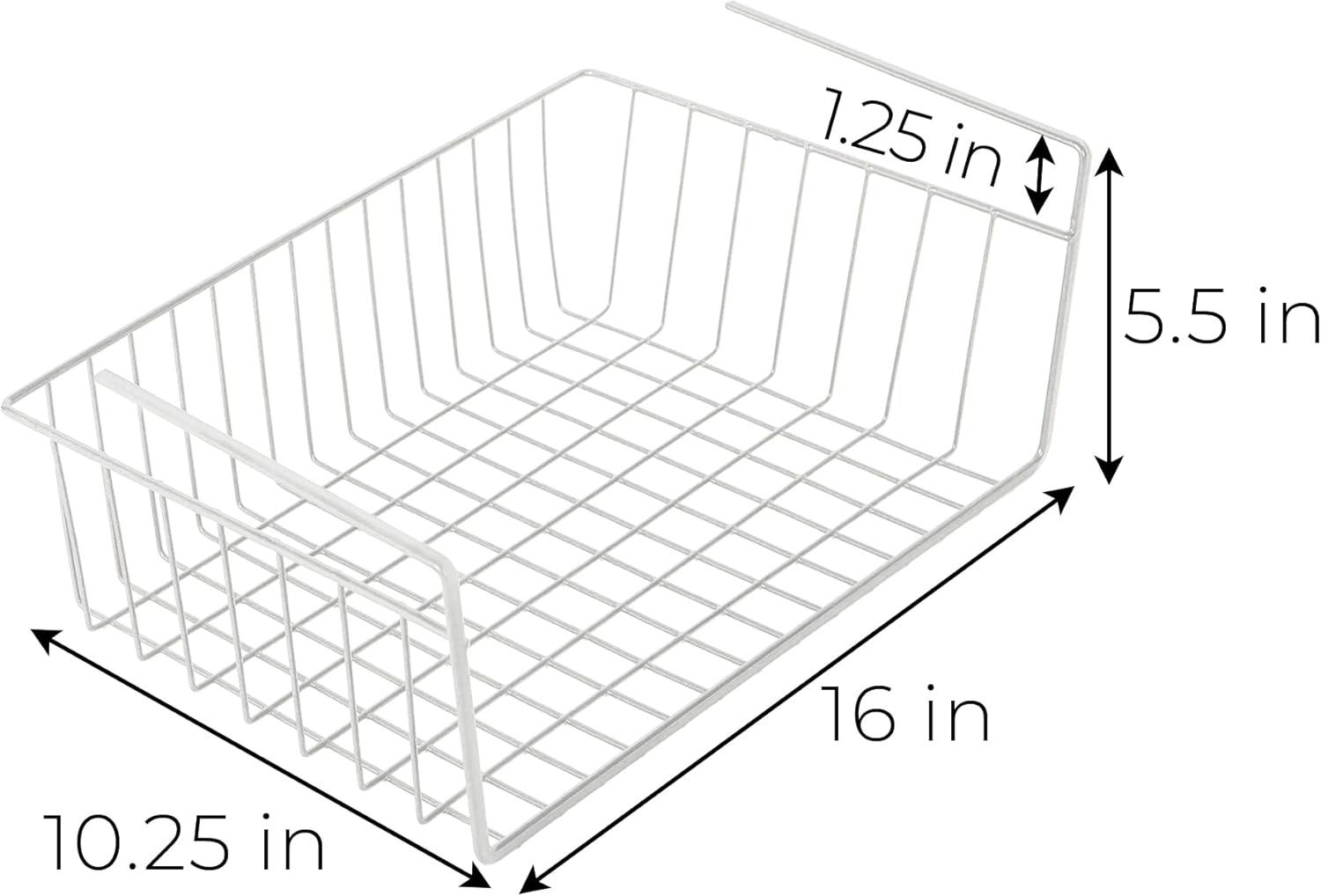 Medium White Steel Undershelf Storage Basket with Snug Fit Arms