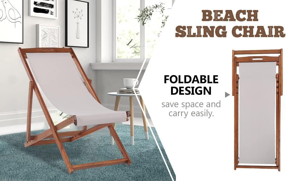 FDW Beach Sling Patio Chair for Relaxing, Foldable with Adjustable Height Made from Eucalyptus Wood with White Polyester,Khaki