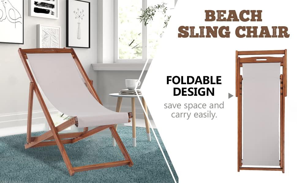 FDW Beach Sling Patio Chair for Relaxing, Foldable with Adjustable Height Made from Eucalyptus Wood with White Polyester,Khaki