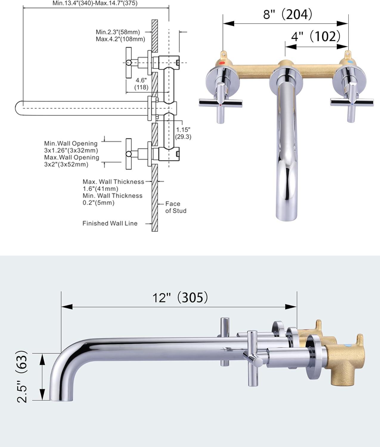 Wall Mount Tub Filler ARCORA Chrome Bathtub Faucet Long Spout Reach, 2 Cross Handles Wall Mounted Tub Faucet with Brass Rough in Valve Included