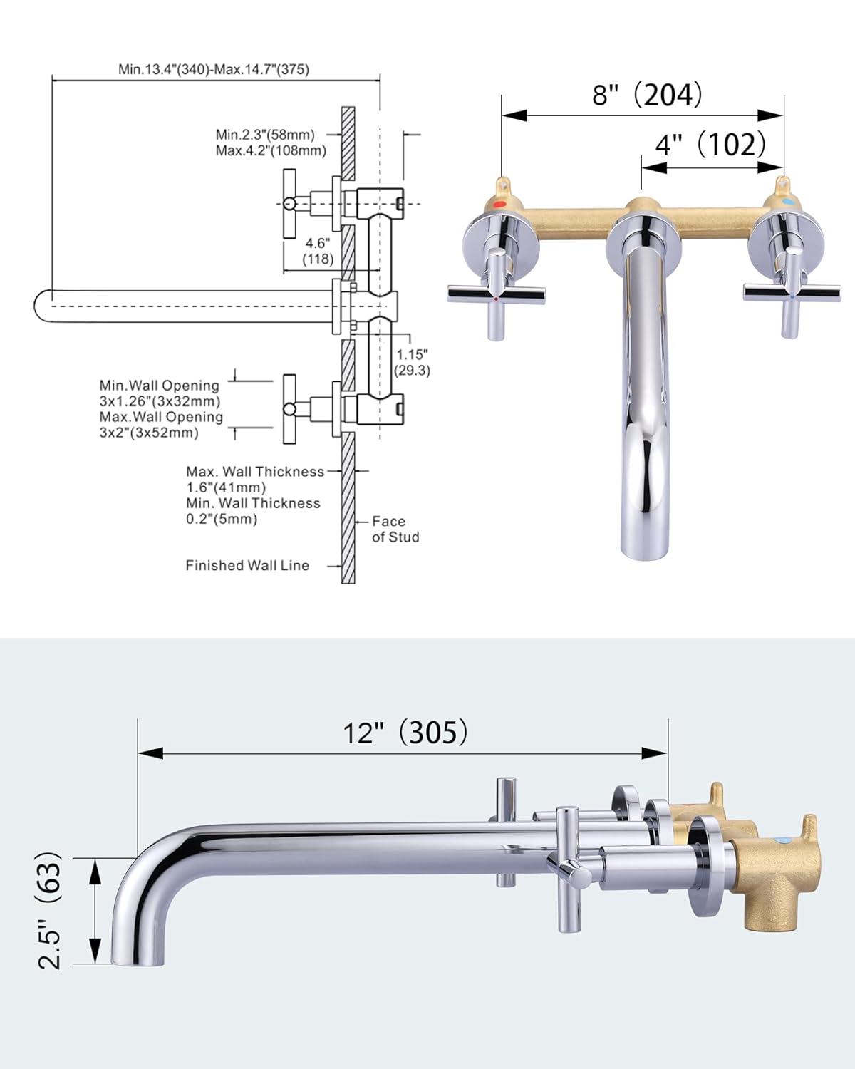 Wall Mount Tub Filler ARCORA Chrome Bathtub Faucet Long Spout Reach, 2 Cross Handles Wall Mounted Tub Faucet with Brass Rough in Valve Included