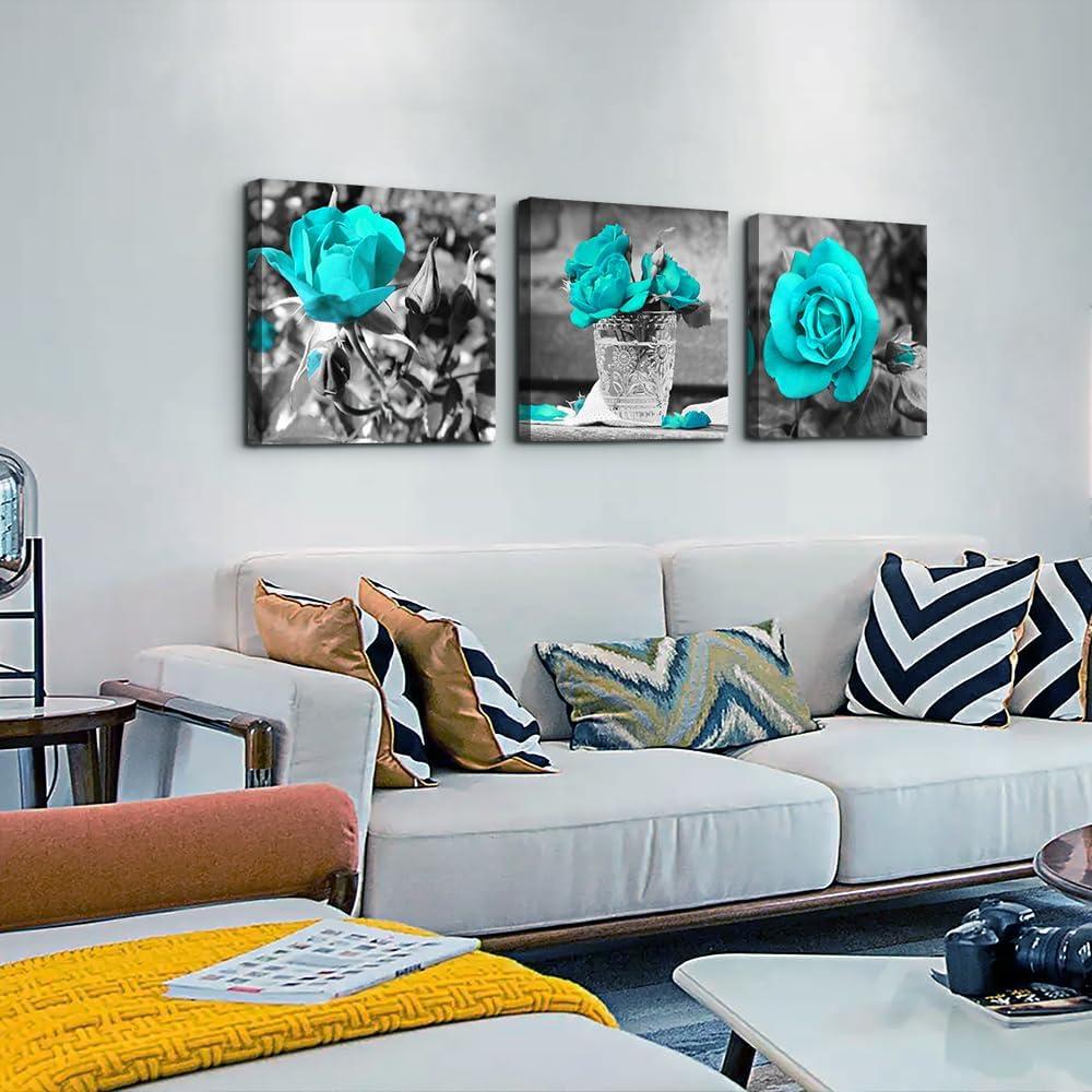 Canvas Wall Art For Bedroom Wall Decor For Living Room Black And White Wall Paintings Blue Rose Flowers Pictures Watercolor Giclee Canvas Prints Ready To Hang Room For Girls Home Decoration 3 Piece