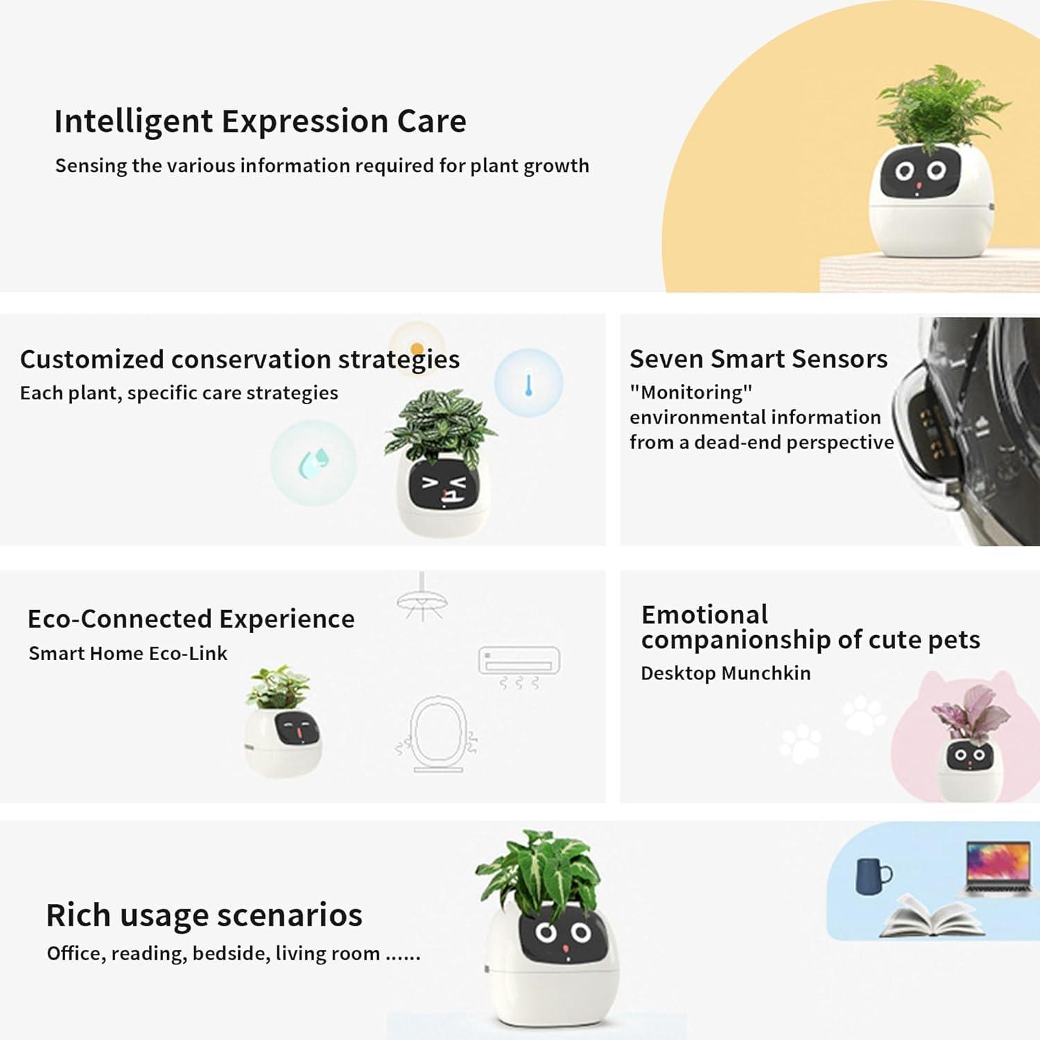 SENIURIS Ai Smart Planter, Intelligent Multiple Pets Like Expressions Flowerpots with Sensors, Smart AI Chips Make Rasising Plants Easy and Fun for Living Room. (Yellow)