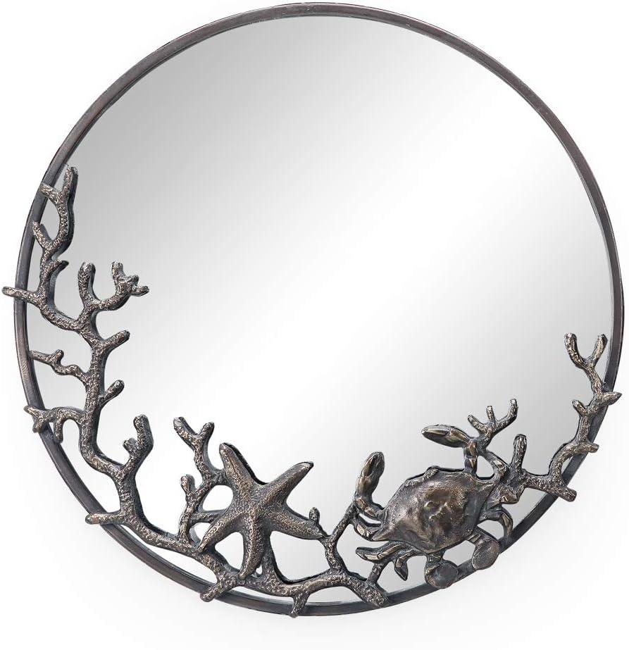 SPI Home Starfish and Crab Wall Mirror – 22" Round Cast Iron Frame with Coastal Marine Design, Rustic Bronze Sea Life Decor