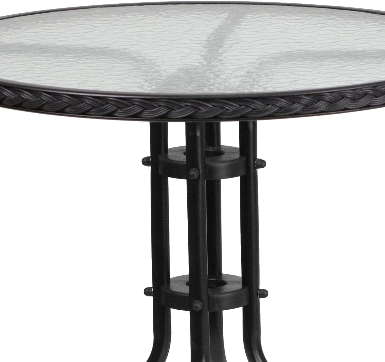 Flash Furniture 28'' Round Tempered Glass Metal Table with Black Rattan Edging