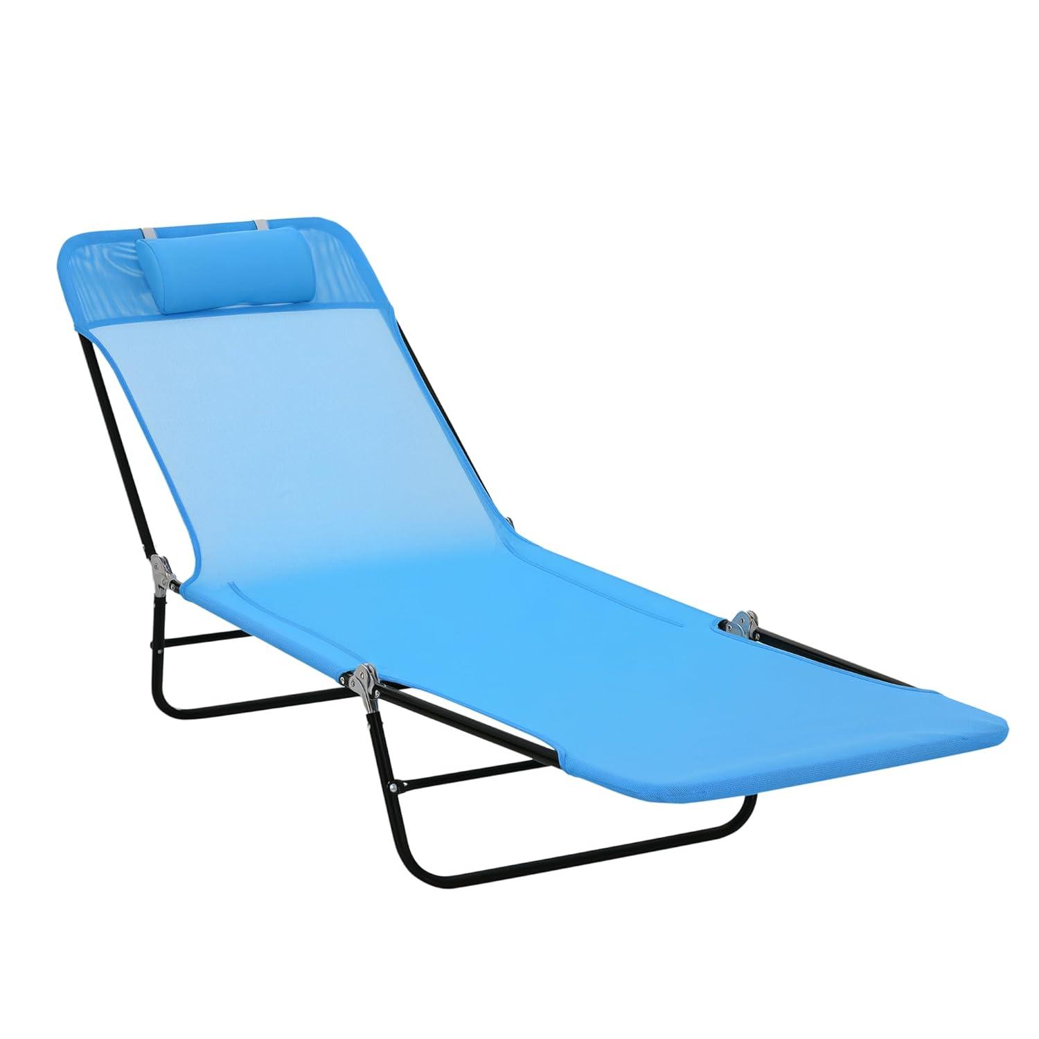 Outsunny Foldable Outdoor Chaise Lounge Chair, 5-Level Reclining Camping Tanning Chair with Breathable Mesh Fabric and Headrest, Pink