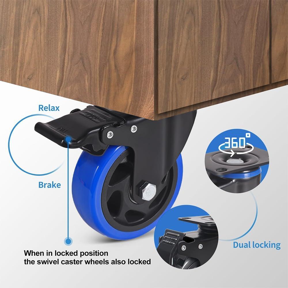 5 Inch Caster Wheels 2400Lbs, Castors Set of 4, Heavy Duty Casters with Brake, Safety Dual Locking Industrial Casters, No Noise Wheels with Polyurethane Foam (Two Hardware Kits Included)