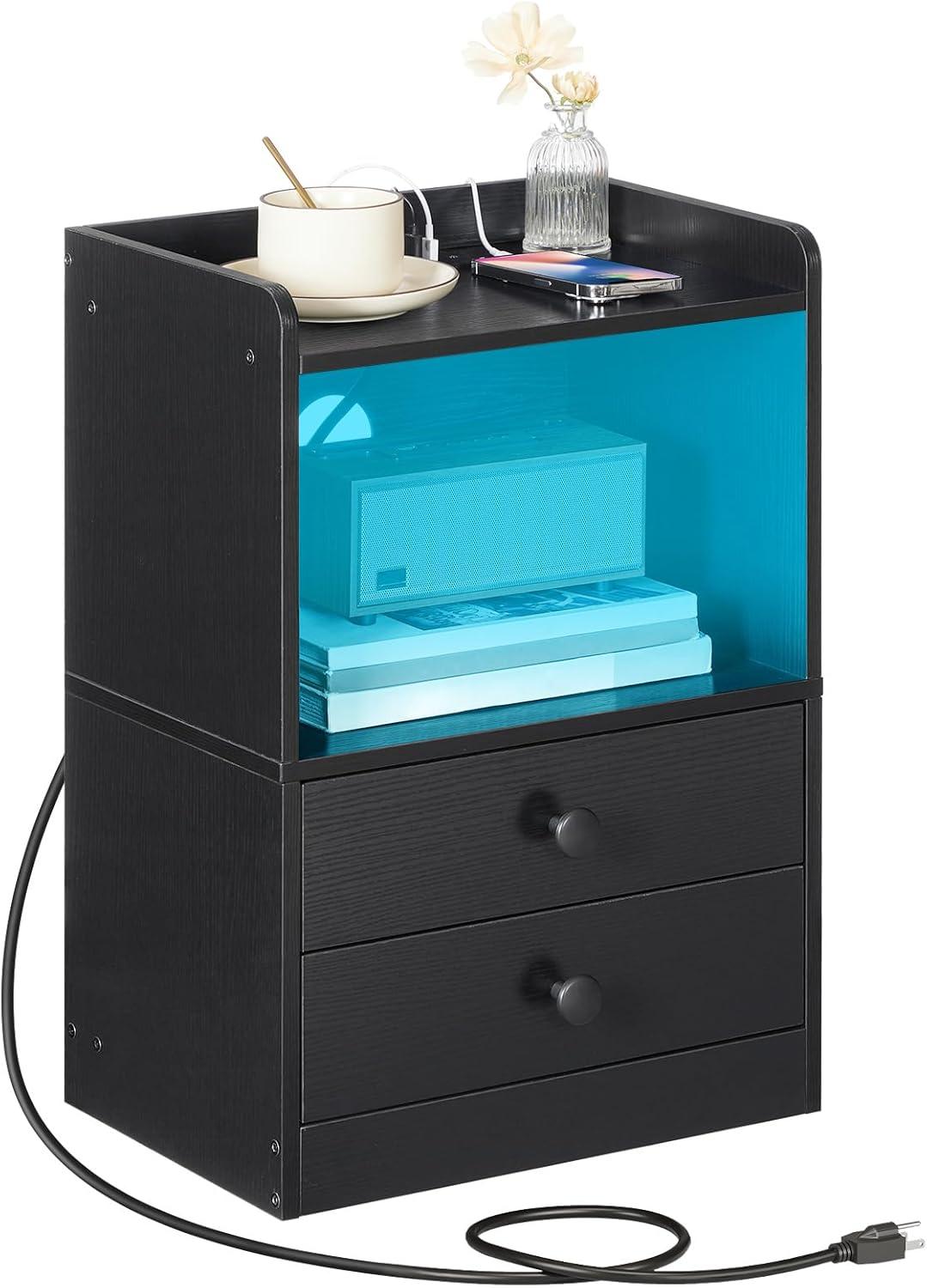 Black Modern Nightstand with LED Lights and Charging Station