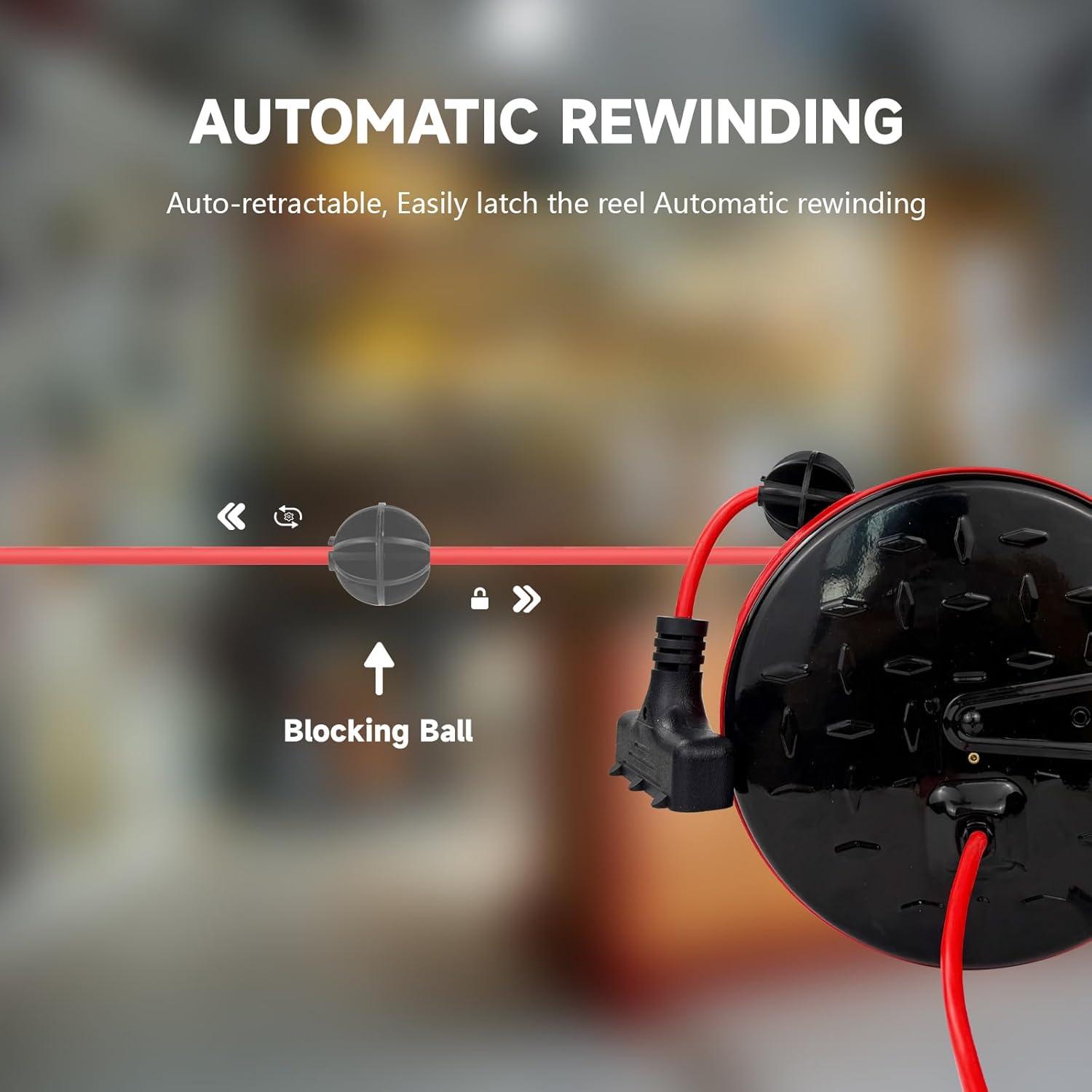 EP 30 Ft Retractable Extension Cord Reel, 16/3 SJTW Power Cord with 3 Electrical Outlets, Ceiling or Wall Mount, 10 Amp Circuit Breaker, Metal Plate, UL Listed, Red