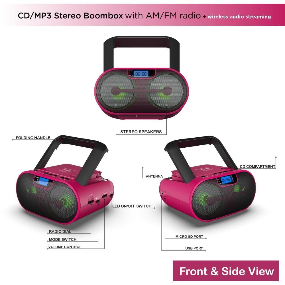 Impecca CDB237BTP CD MP3 Boombox with Bluetooth and LED Display Pink