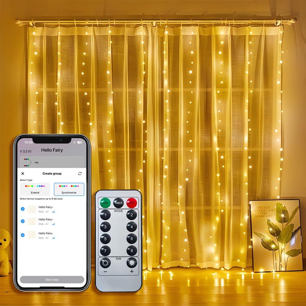 Curtain Lights Indoor 300LED 9.8ftx9.8ft, Outdoor Waterproof Curtain String Lights with Hook Remote Timer 8 Modes, USB Powered Waterfall Window Lights for Wall Backdrop Home Decorations