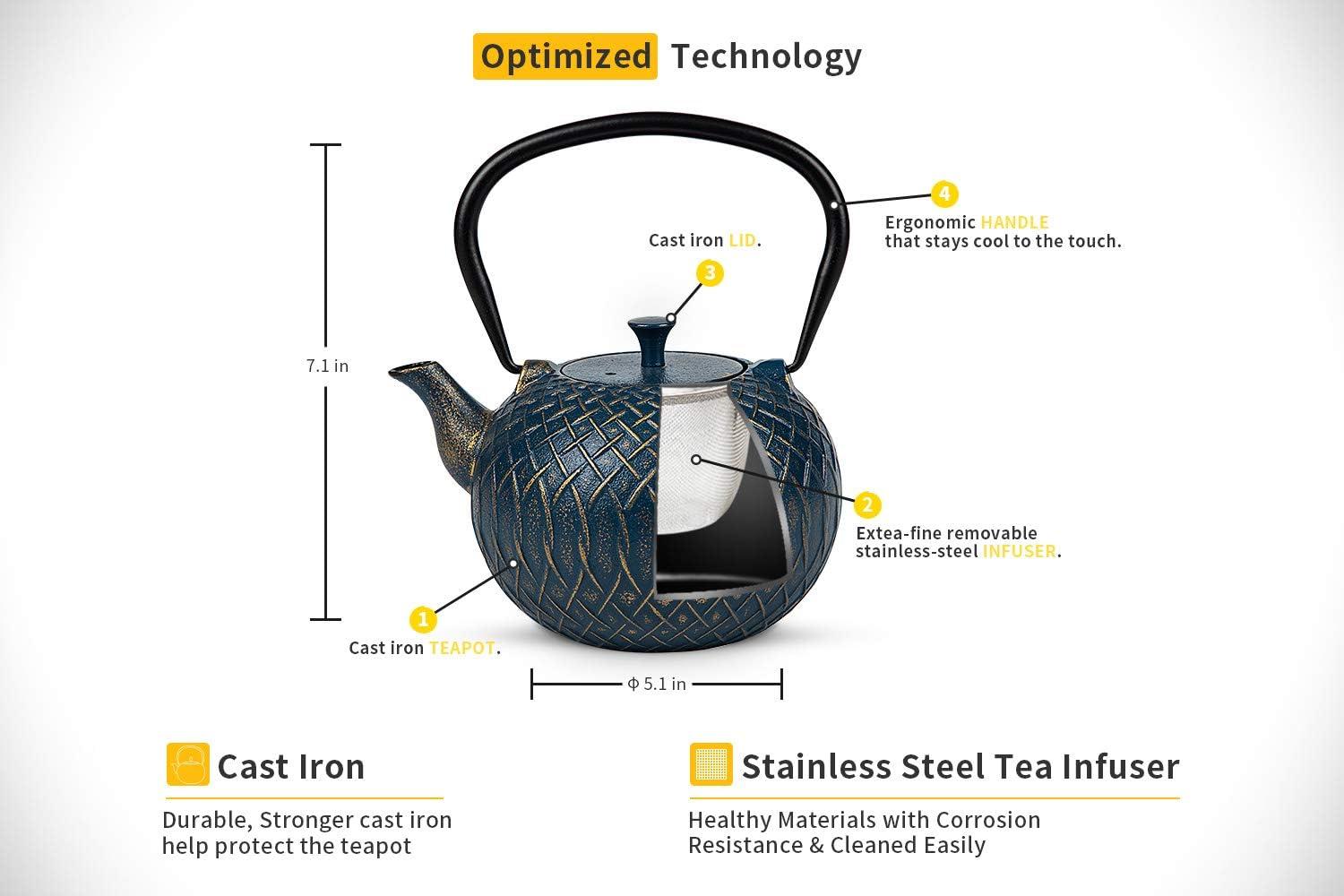 Lark Manor™ Tea Kettle,Cast Iron Tea Kettle For Stove Top, Stovetop Safe Teapot With Infusers For Loose Tea, 34 Ounce (1000 Ml), Dark Green Melody