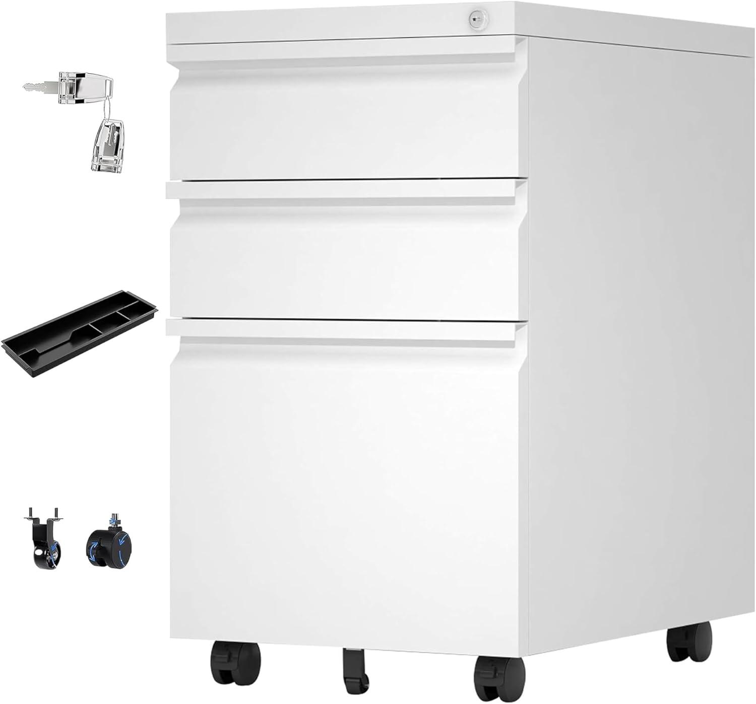 AOBABO 3 Drawer Mobile File Organizer, Lockable Metal Filing Cabinet Storage Cart w/Pencil Tray for Home & Office Organization, Fully Assembled, White