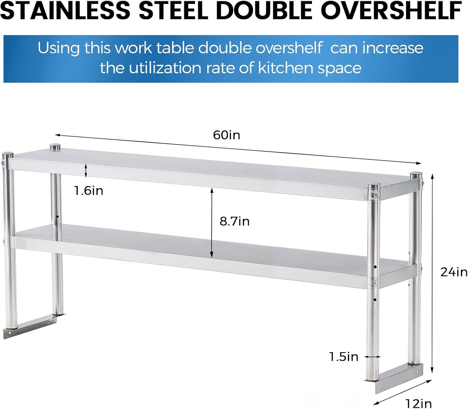 STRELECT 12"x48" Stainless Steel Overshelf for Prep & Work Table, NSF Commercial Adjustable Double Deck Overshelf 2 Tier for Restaurant, Bar, Utility Room, Kitchen and Garage