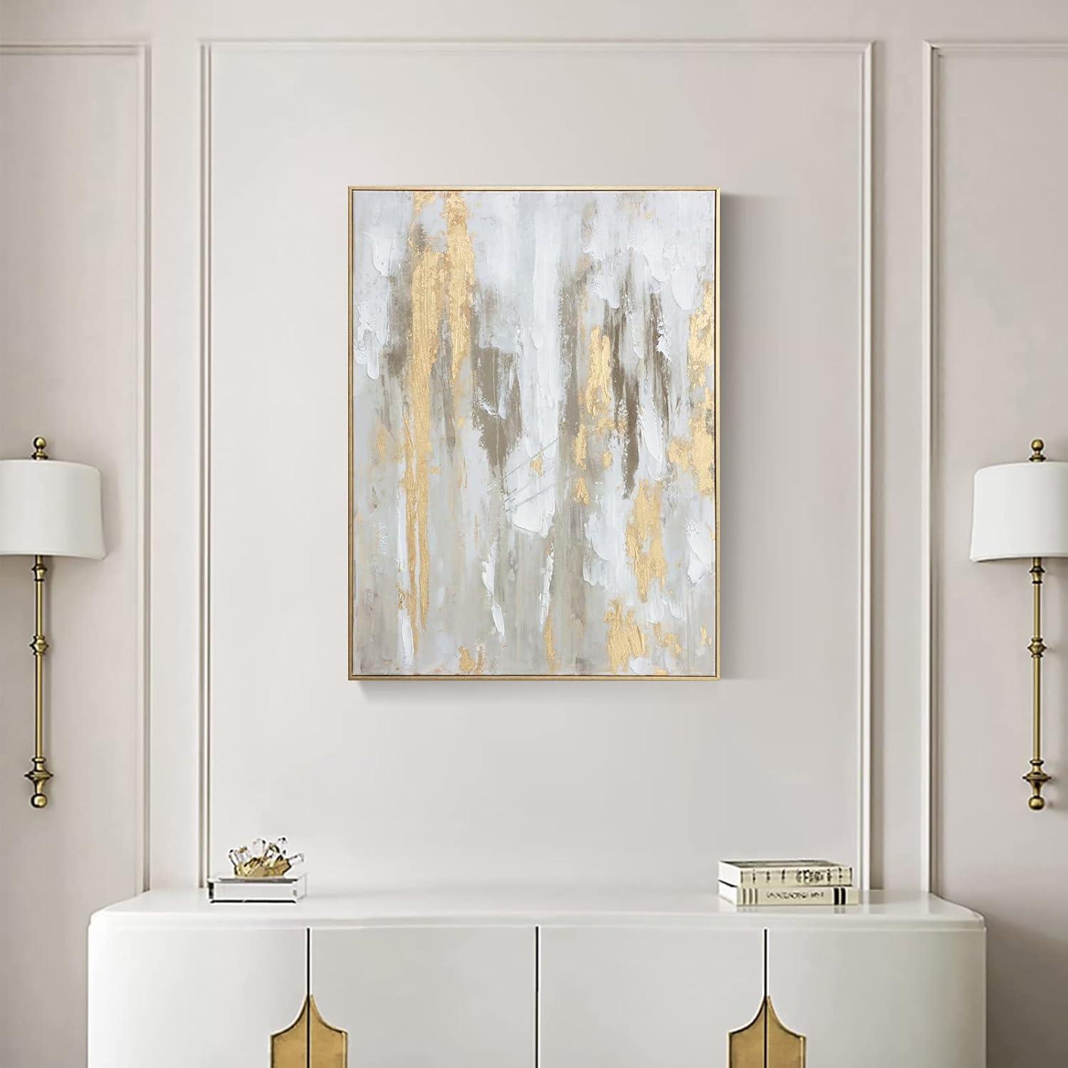 Gold Abstract Wall Art Decor - Framed Texture Paintings Modern Canvas Artwork with Hand-Painted Gold Foil for Modern Style Decor, Ready to Hang