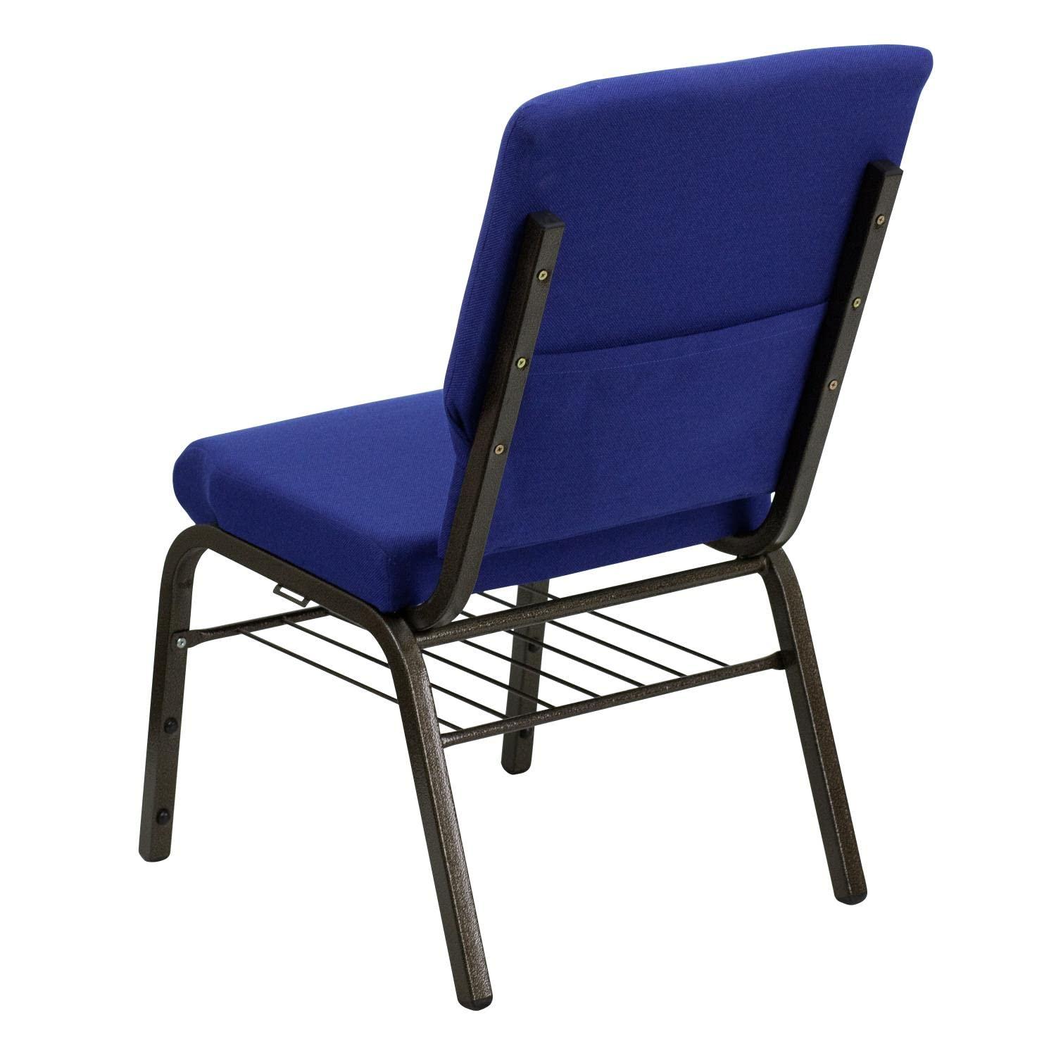 BizChair 18.5''W Church Chair in Navy Blue Fabric with Book Rack - Gold Vein Frame