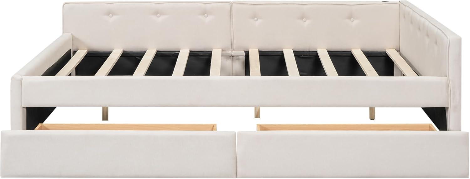 DreamBuck Queen Size Daybed with 2 Drawers, Wood Upholstered Bed Frame with USB Port and Storage, Linen Fabric Daybed, Queen Bed Frames for Bedroom, Living Room, No Box Spring Needed
