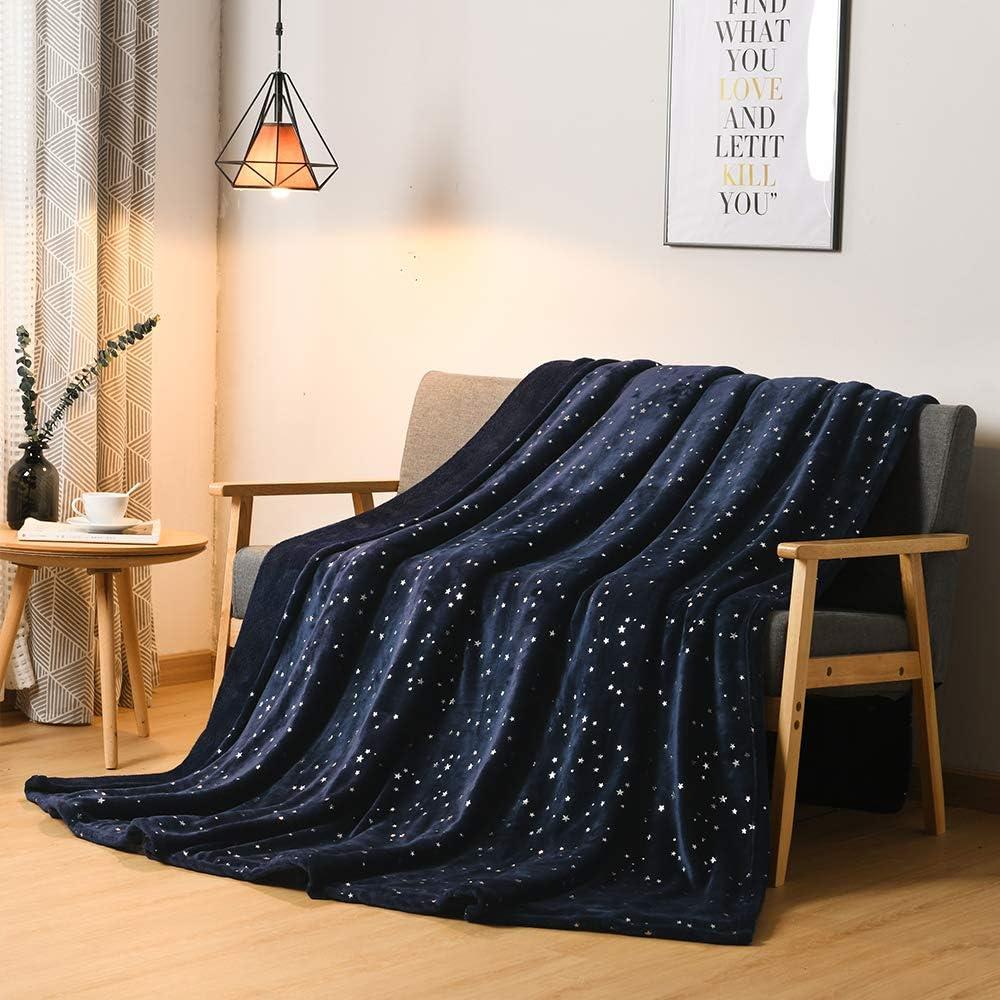 Queen Navy Blue Microfiber Fleece Blanket with Star Design