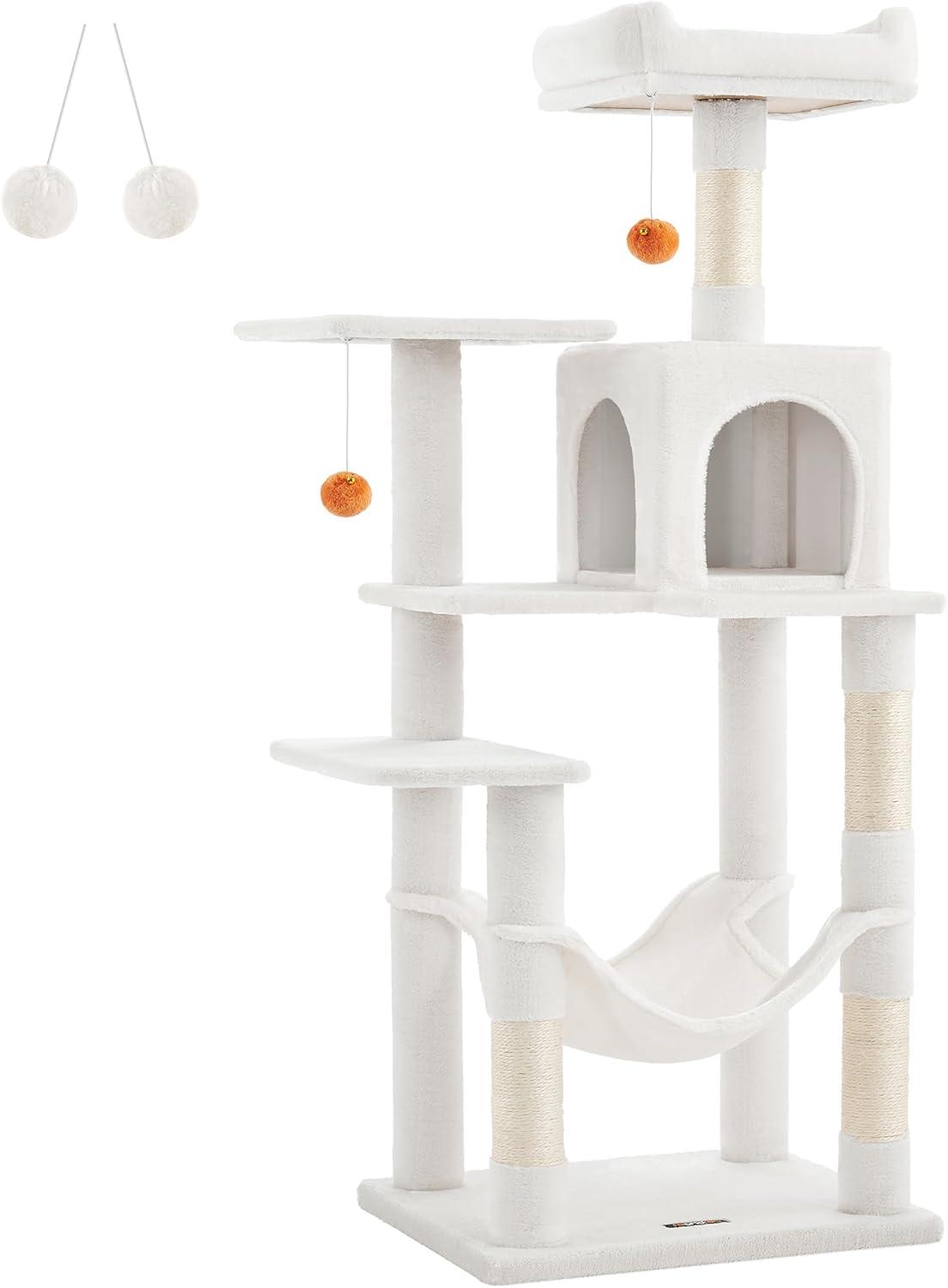 Cream White Multi-Level Cat Tree with Hammock and Scratching Posts