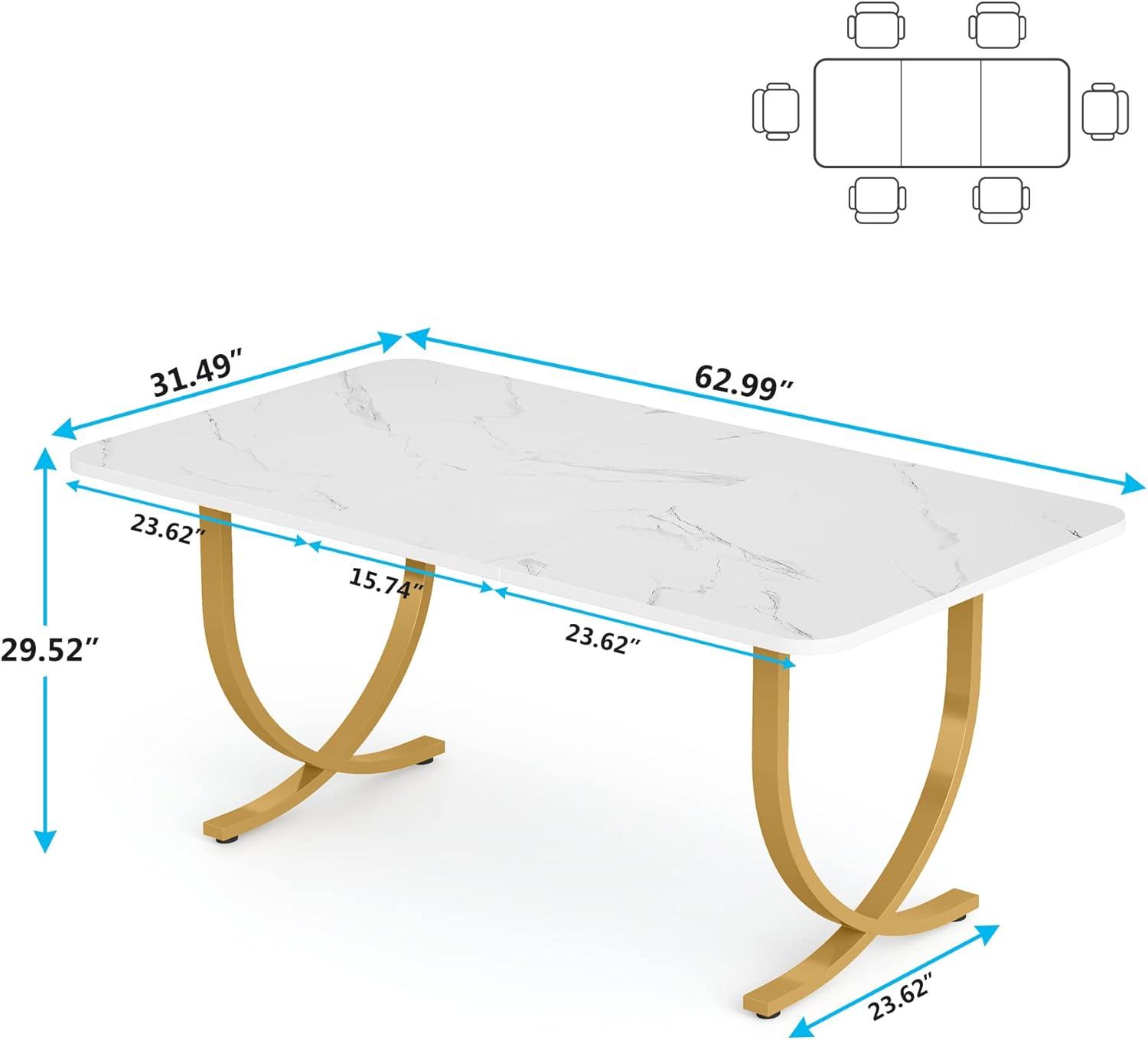 Tribesigns Rectangular Dining Table for 4 to 6, 63-Inch White and Gold Modern Kitchen Table with Faux Marble Table Top and Metal Legs for Dining Room, Kitchen or Living Room