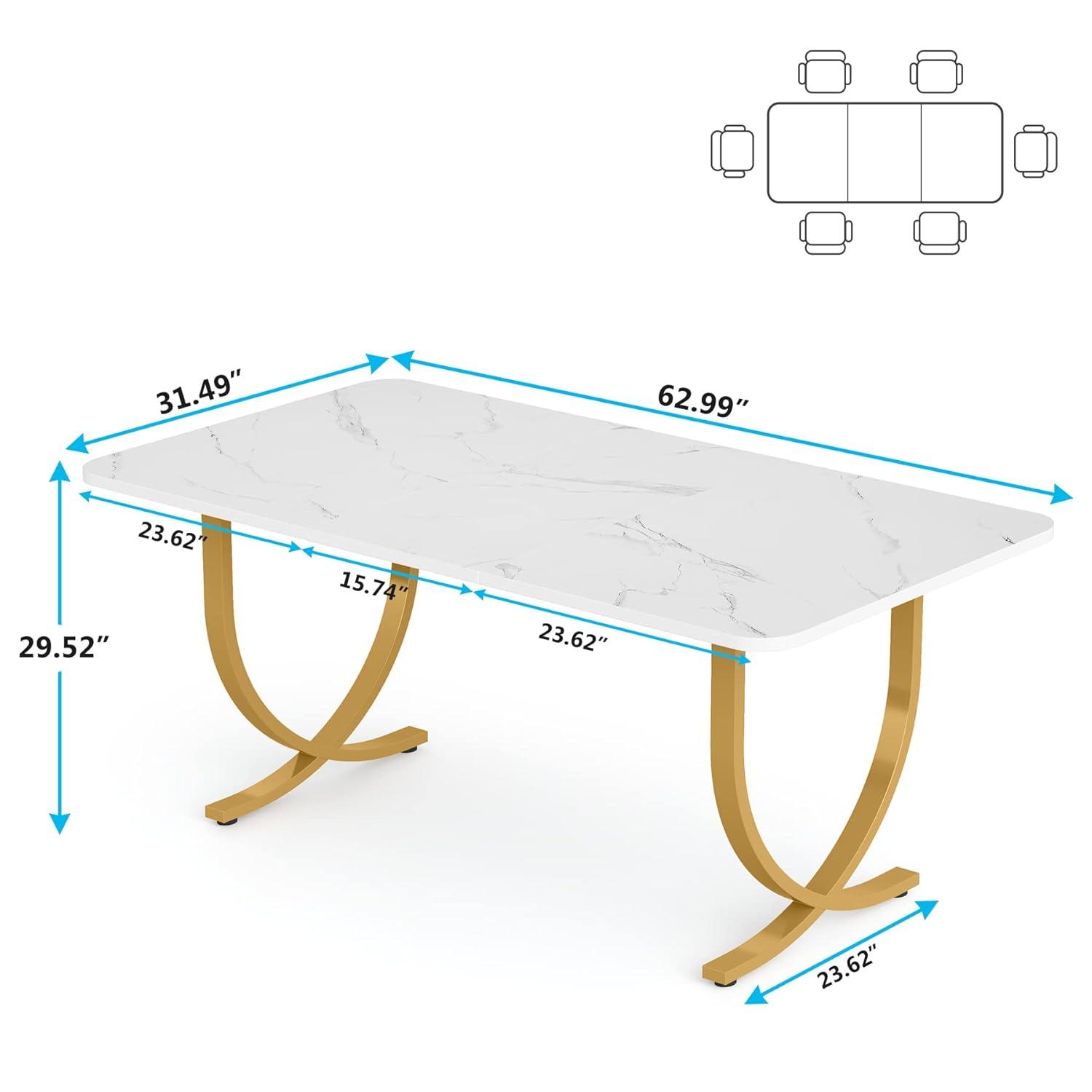 Canddidliike 63" Modern Dining Table Kitchen Table with Faux Marble Table Top, Dining Table for Living Room, Kitchen, White & Gold