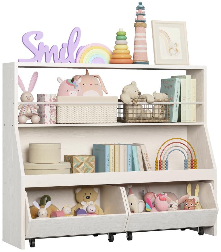 IRONCK Toy Storage Organizer, Kids Bookshelf with 2 Movable Cubby Drawers, Top Toy Storage with Crossbar, Storage Cabinet for Nursery, Playroom, White