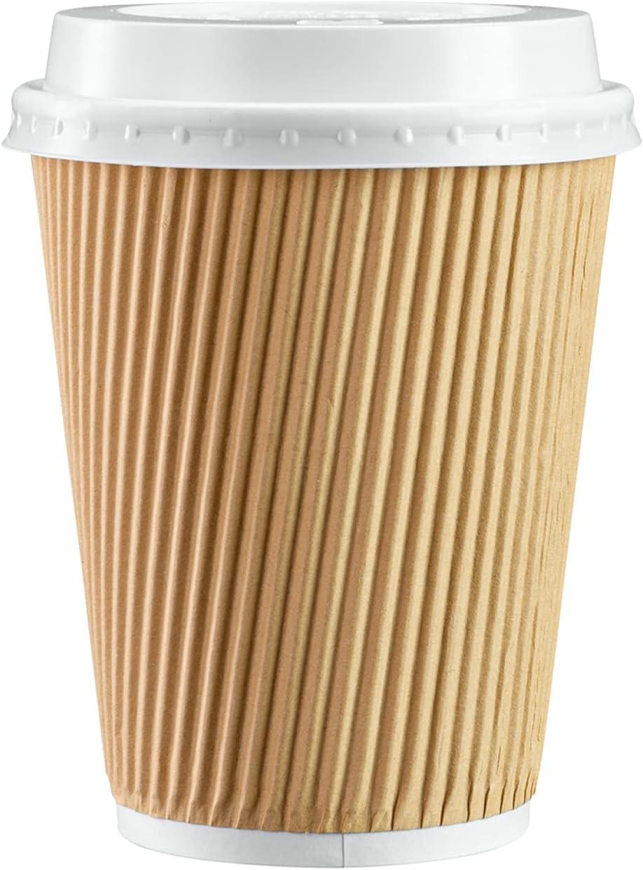 12 oz Beige Ripple Paper Hot Cups with Lids, 100 Count