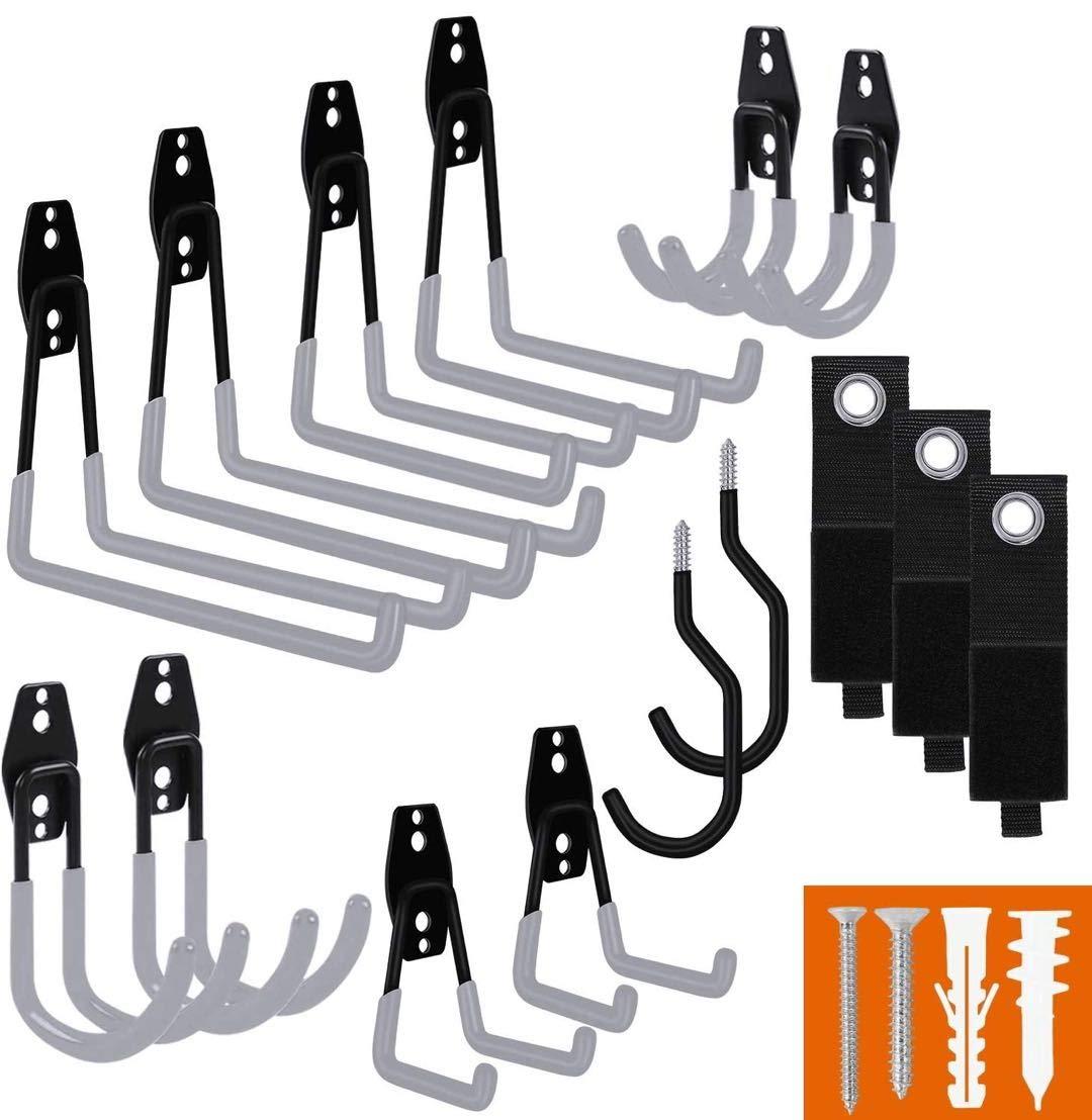 SMARTOLOGY Garage Hooks with Bike Hook & Extension Cord Organizer, 15 Pack Set Steel Multi-Tool Hanger, Heavy Duty Utility Storage Holder for Home & Warehouse Lawn Garden Tool Organizer
