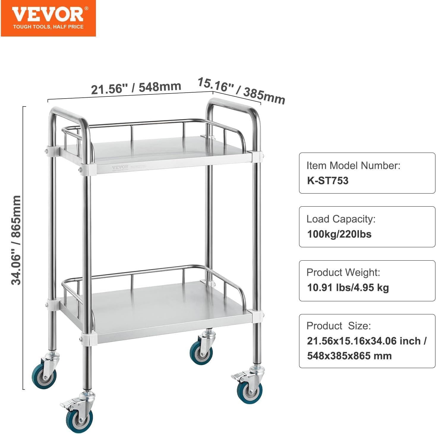 VEVOR Lab Rolling Cart, 2-Shelf Stainless Steel Rolling Cart, Lab Serving Cart with Swivel Casters, Dental Utility Cart for Clinic, Lab, Hospital, Salon, 15.16"x21.57"x34.06"