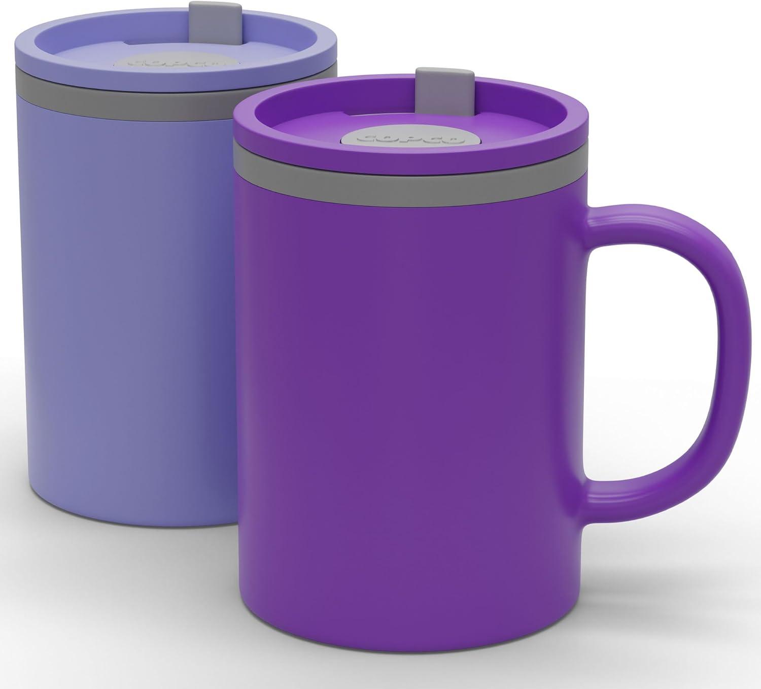 Copco Iconic 16oz Double Wall Insulated Desk Mug with Lid & Handle, Set of 2, BPA-Free Reusable Plastic, Spill-Proof, Wide Mouth (Purple/Light Purple)