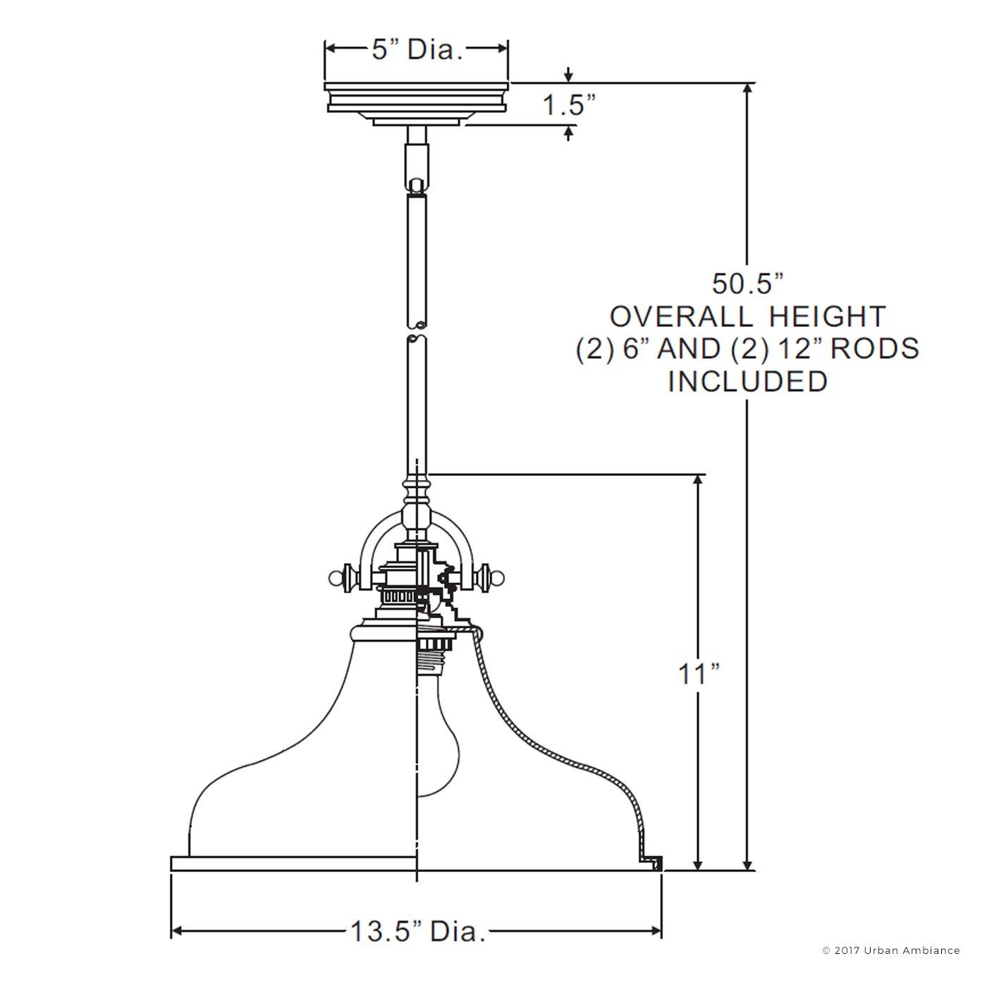 Urban Ambiance Luxury Industrial Hanging Pendant Light, Medium Size: 11.5"H x 13.5"W, with Americana Style Elements, Nostalgic Design, Oil Rubbed Parisian Bronze Finish and Opal Etched Glass, UQL2335