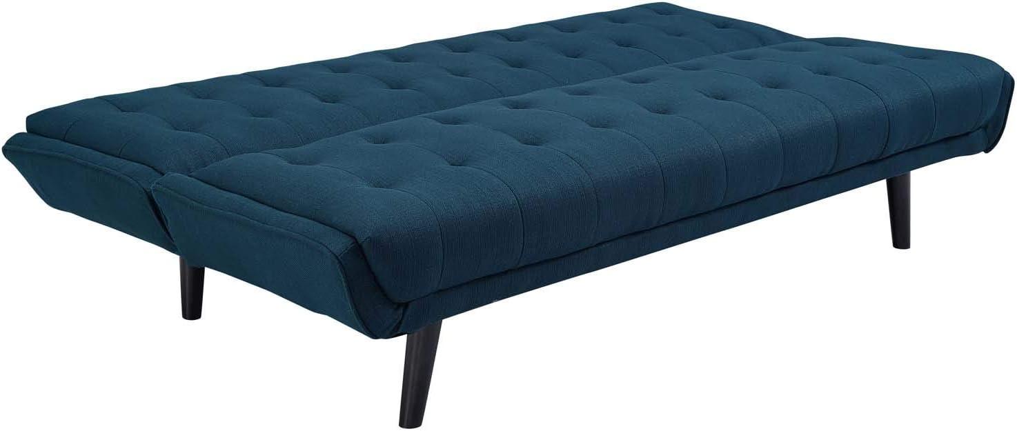 Mid-Century Modern Black Wood and Azure Fabric Tufted Sleeper Sofa