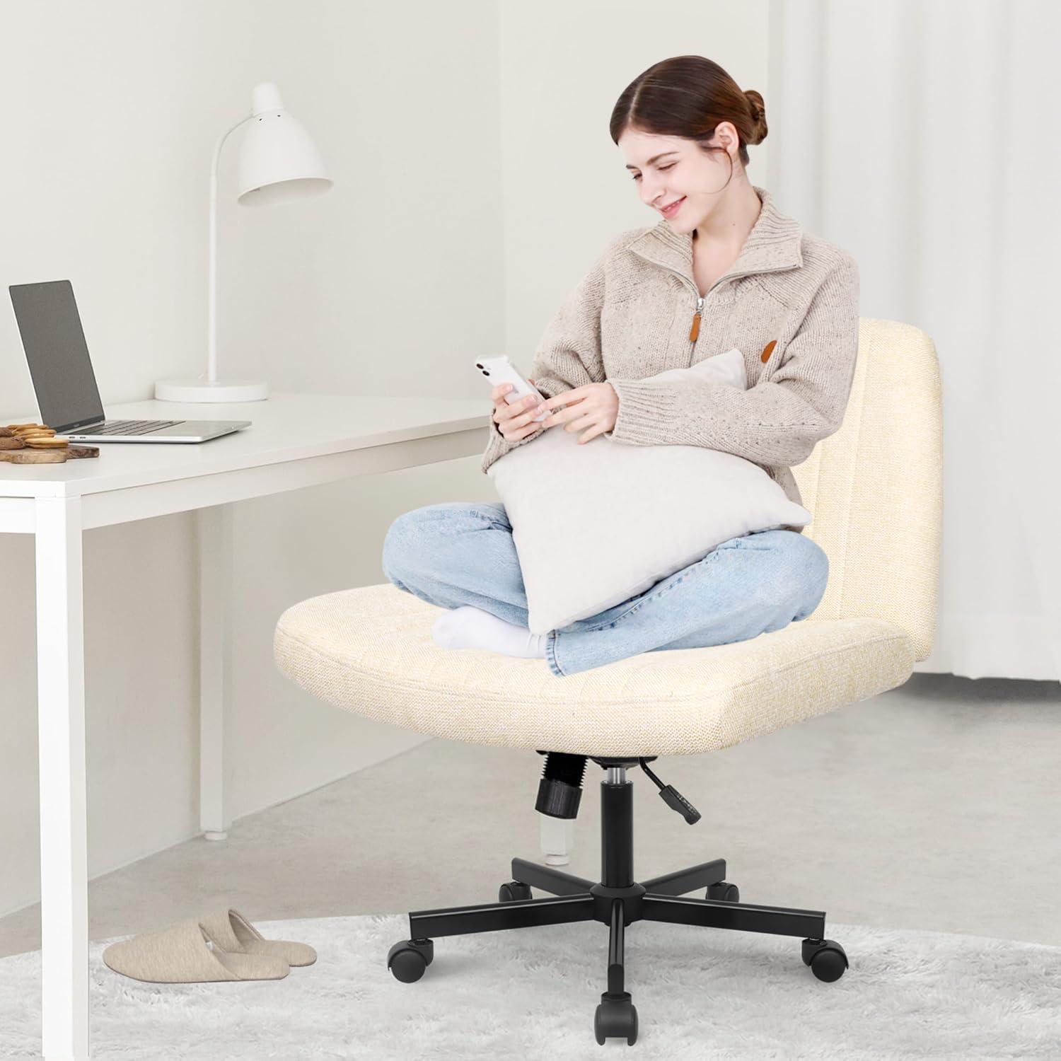 ORANGE FACTORY Criss Cross Legged Home Desk Chair Wide Armless with Wheels Swivel Padded Fabric Chair, Beige