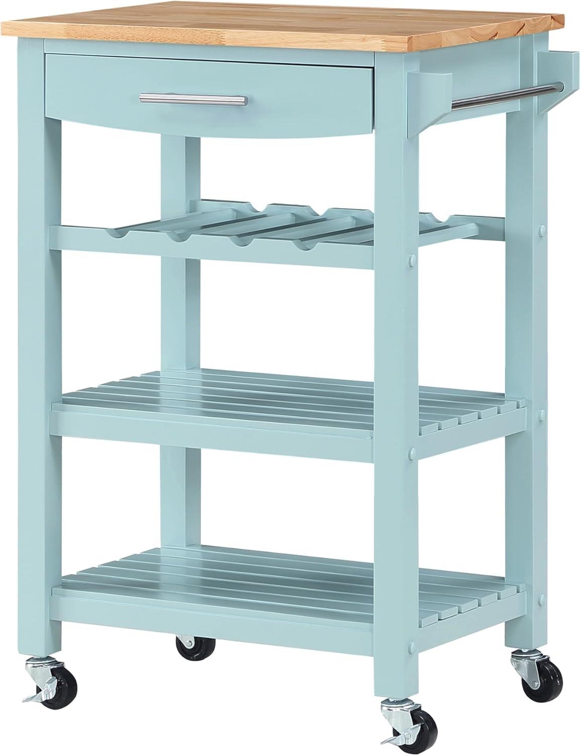 Ellaine Four-Tier Butcher Block Kitchen Cart w/Drawer and Wine Rack in Blue Wood