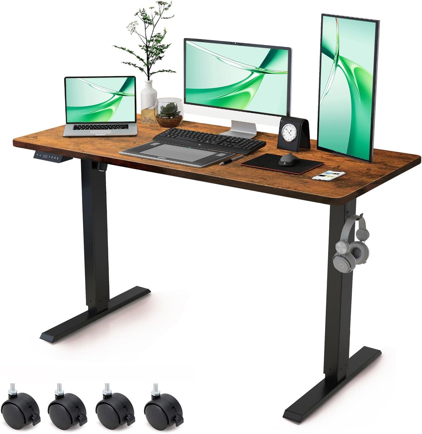 Electric Standing Desk Adjustable Height - Rolling Sit to Stand Desks on Wheels - Mobile Standup Computer Table 48 Inch Brown One Piece Desktop and Rising Frame with Storage for Home Office & Gaming