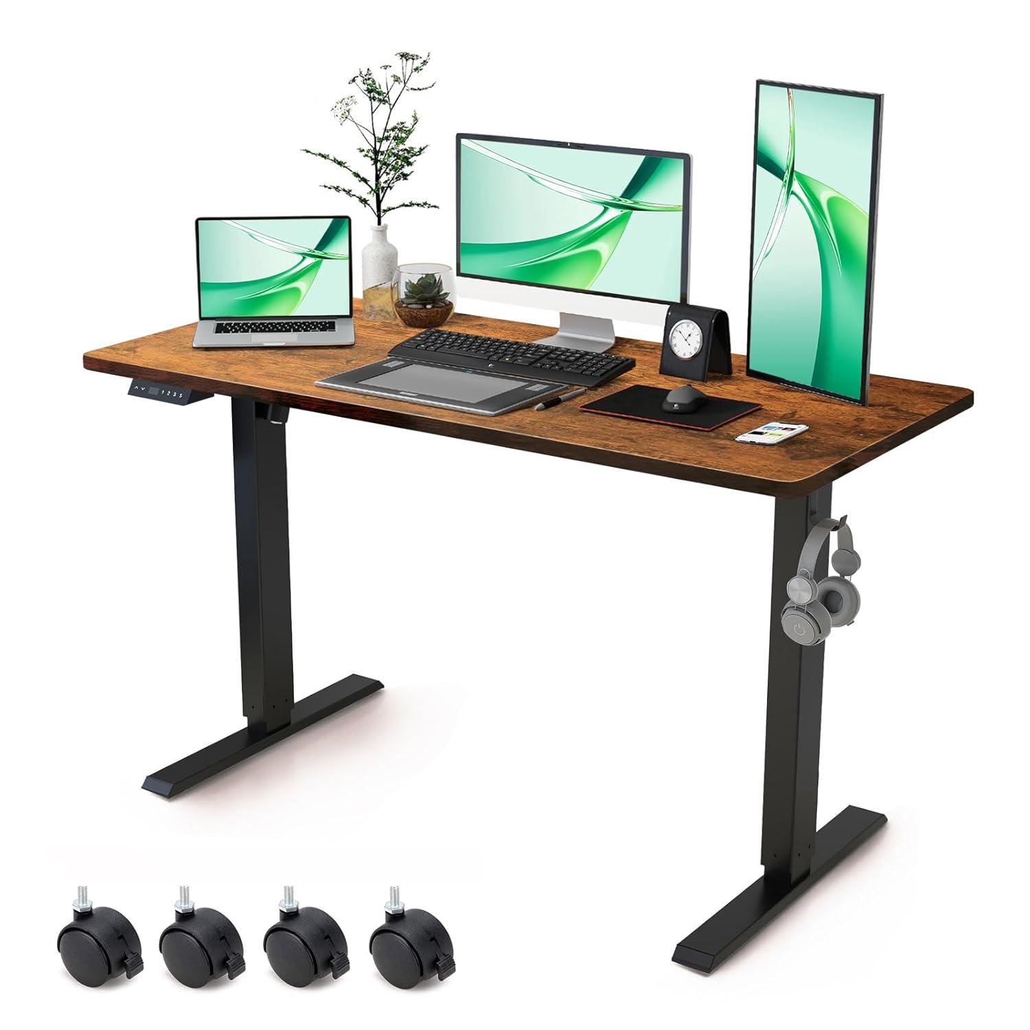 Electric Standing Desk Adjustable Height - Rolling Sit to Stand Desks on Wheels - Mobile Standup Computer Table 48 Inch Brown One Piece Desktop and Rising Frame with Storage for Home Office & Gaming