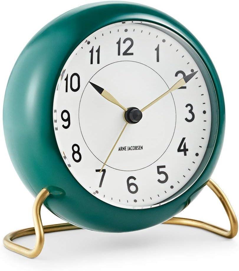 Green and White Analog Alarm Table Clock with Gold Stand