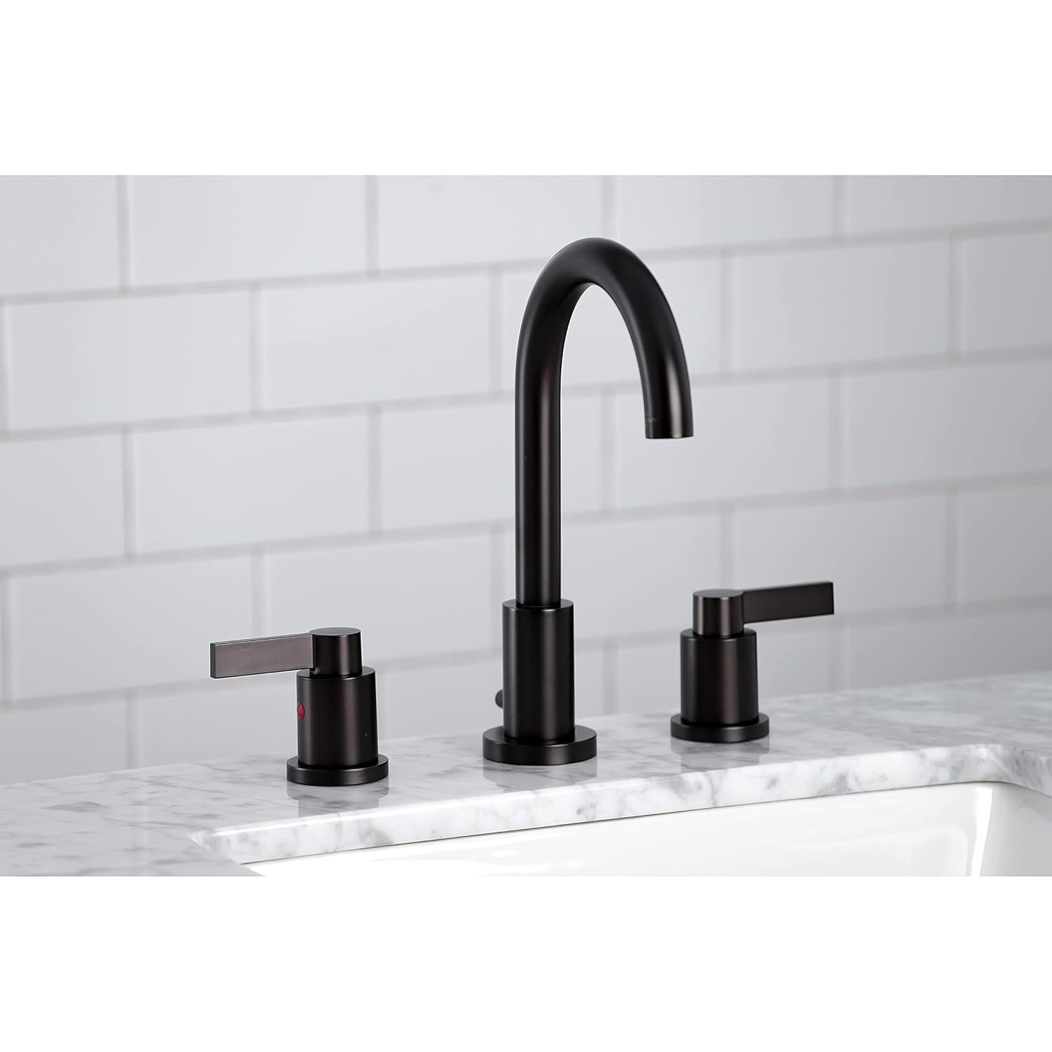 Kingston Brass NuvoFusion Two-Handle 3-Hole Deck Mount Widespread Bathroom Faucet with Brass Pop-Up Drain