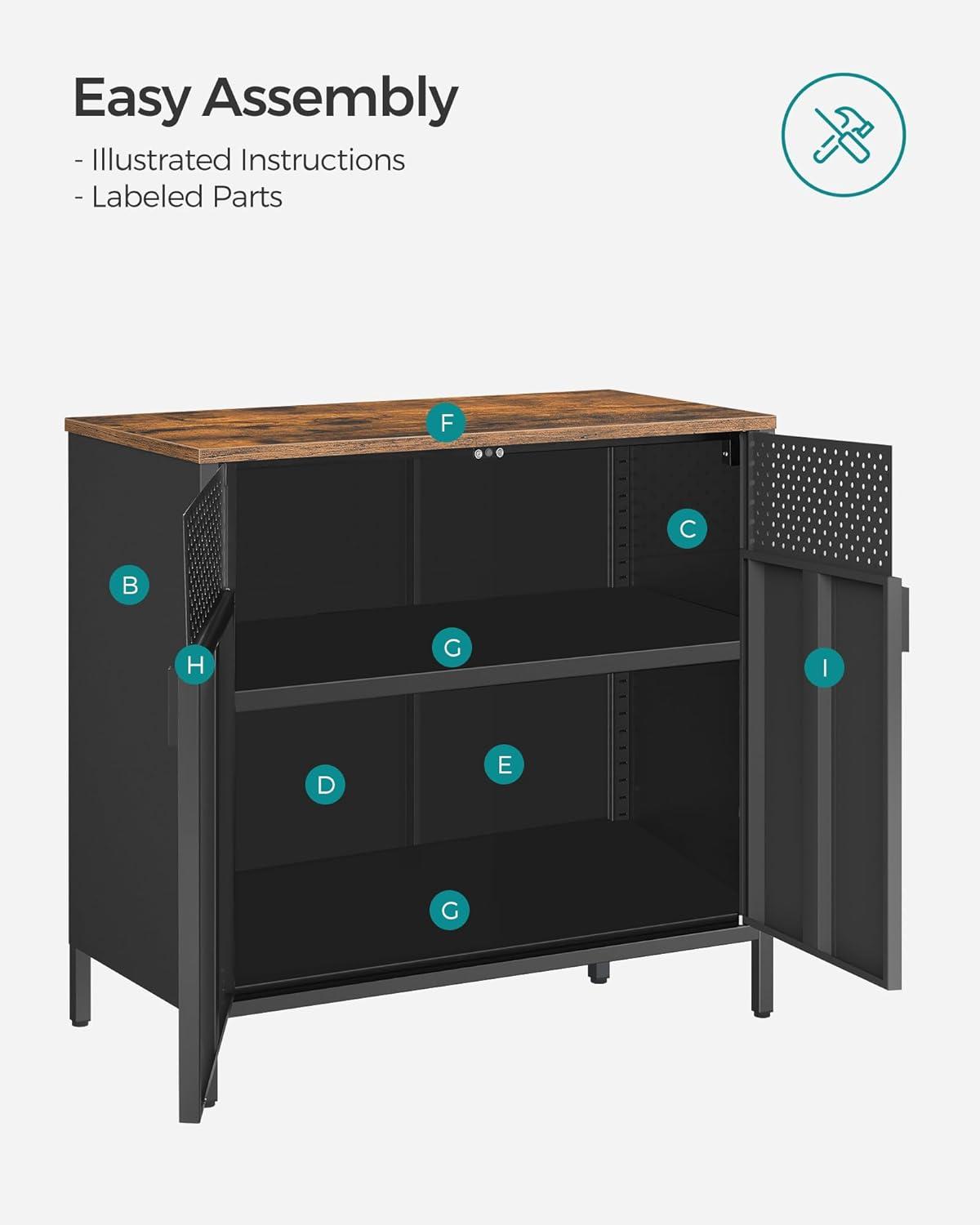 Storage Sideboard, Buffet Table with Adjustable Shelves, Floor Storage Cupboard, Steel Frame, Rustic Brown and Black ULSC102B01