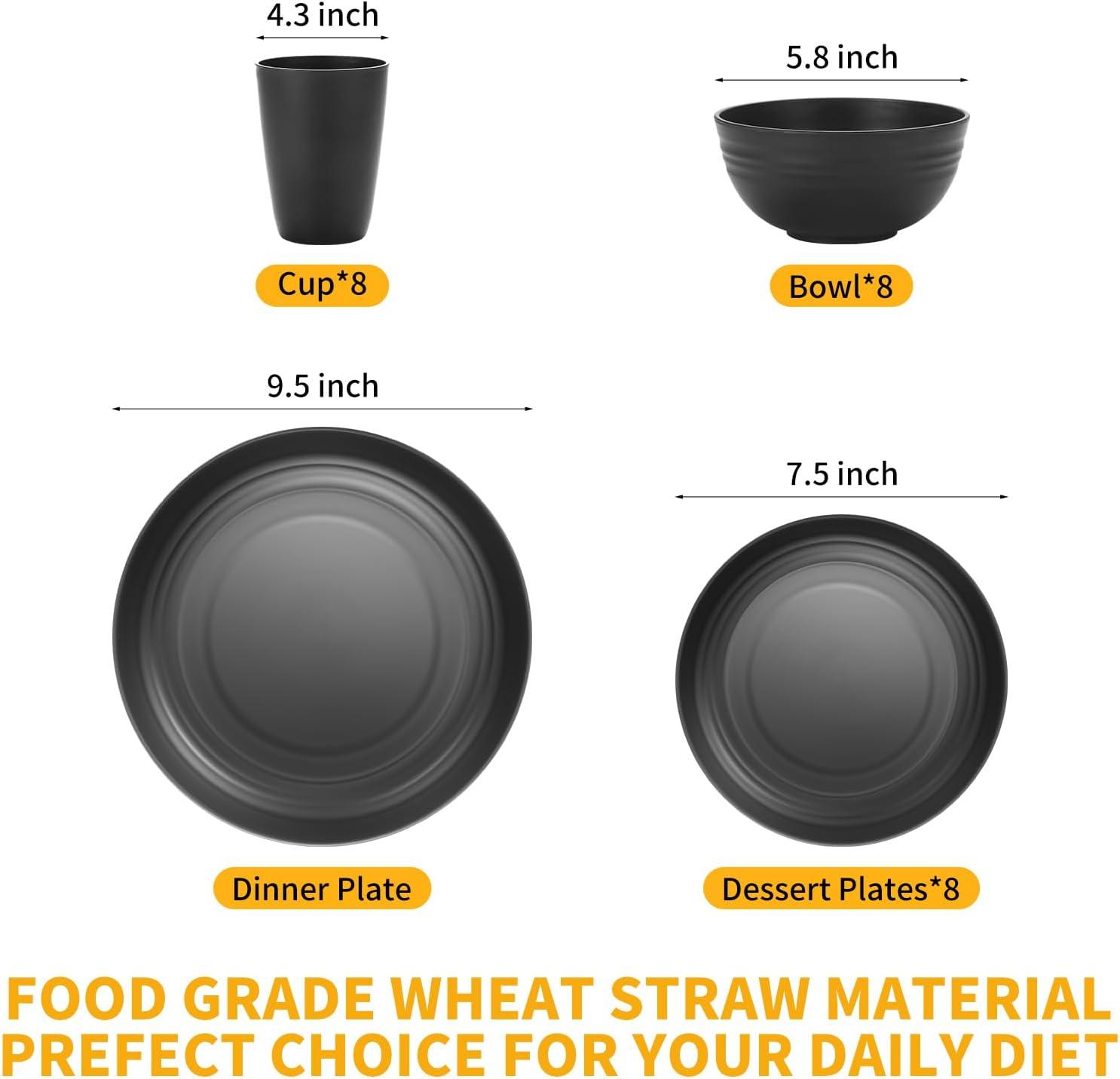 32 Pcs Wheat Straw Dinnerware Sets,Plastic Plates and Bowls Sets for 8,Unbreakable Dinnerware Set,Reusable Lightweight Black Dish Set for Kitchen,Camping,Party,RV,Dishwasher Microwave Safe