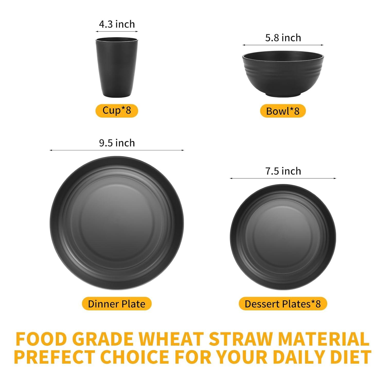 32 Pcs Wheat Straw Dinnerware Sets,Plastic Plates and Bowls Sets for 8,Unbreakable Dinnerware Set,Reusable Lightweight Black Dish Set for Kitchen,Camping,Party,RV,Dishwasher Microwave Safe